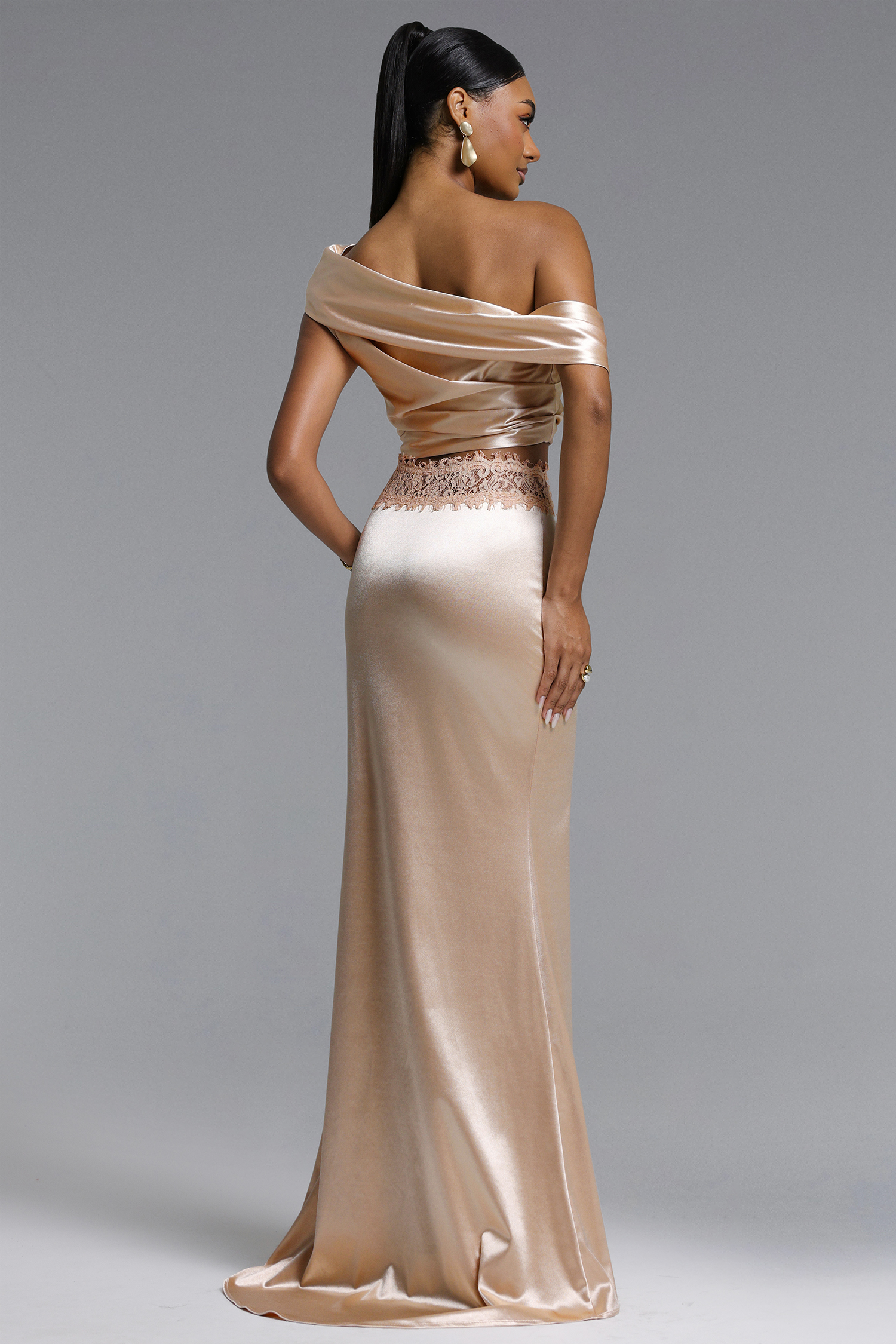 Eloise Elegant Contour Off Shoulder Pleated Lace Satin Top and Skirt Set