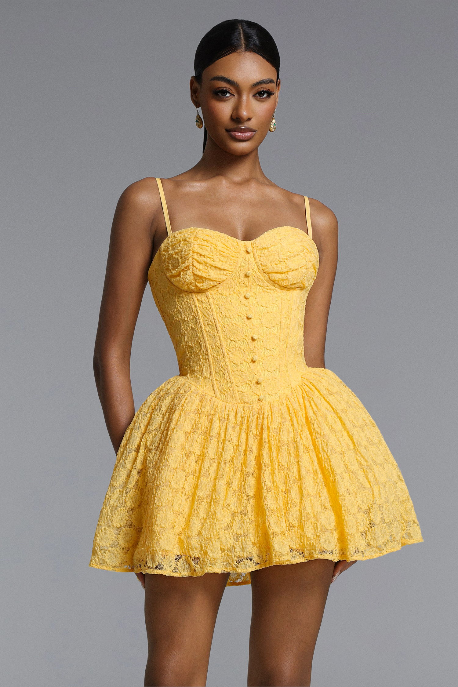Leha Classic Tailored Sleeveless Buttoned Lace Mini Dress