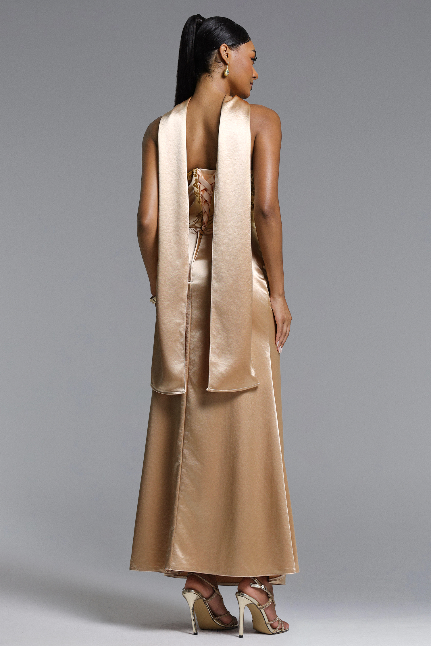 Laly Romantic Tailored Strapless Floral Jacquard Satin Maxi Dress