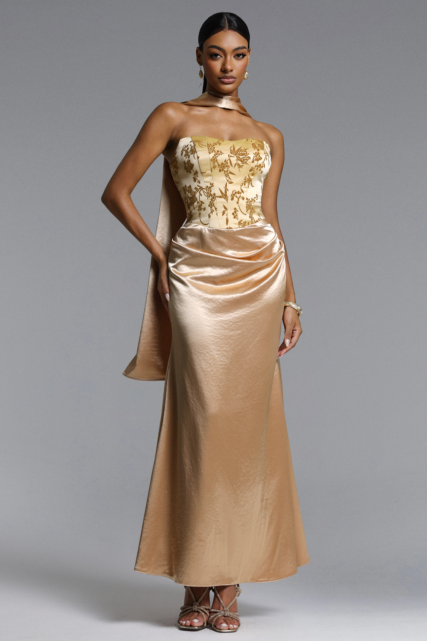 Laly Romantic Tailored Strapless Floral Jacquard Satin Maxi Dress