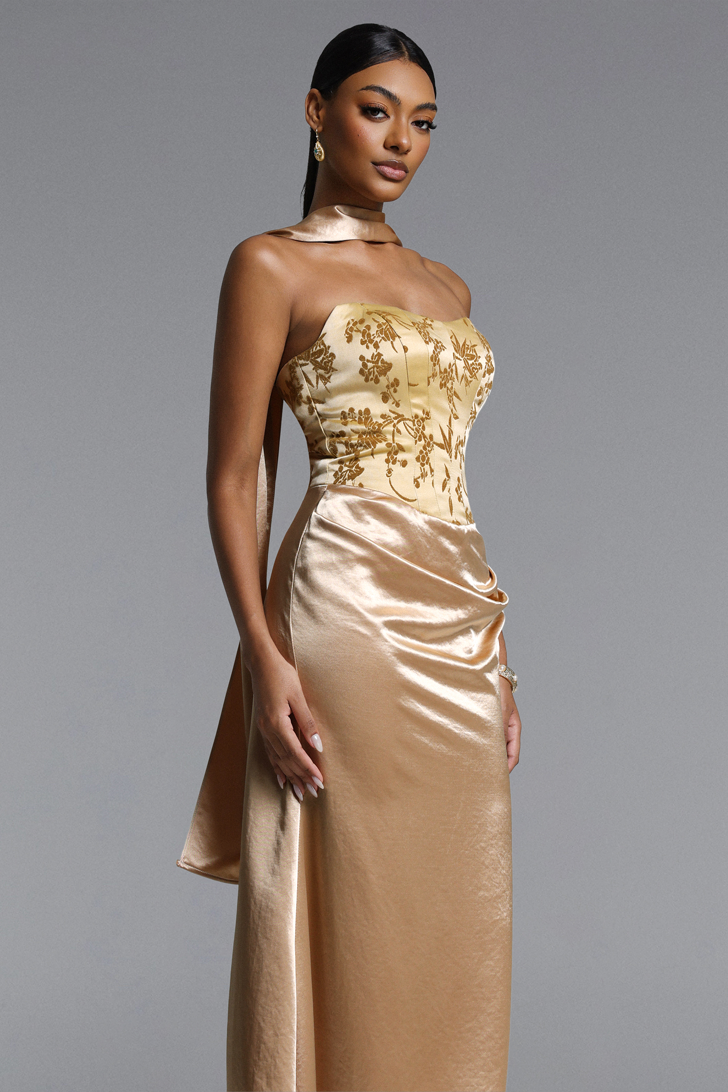 Laly Romantic Tailored Strapless Floral Jacquard Satin Maxi Dress