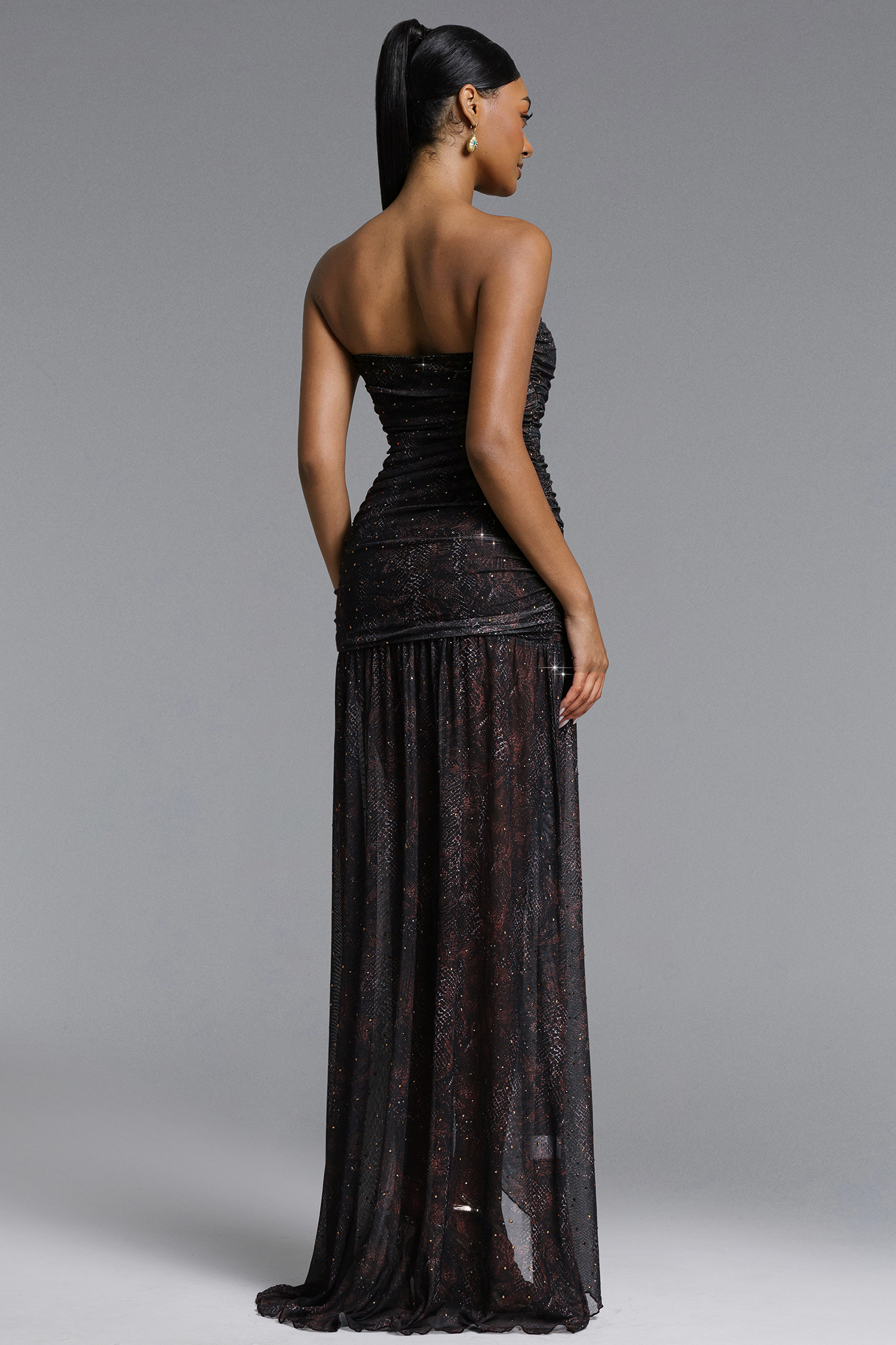 Tamarah Chic Contour Strapless Ruched Print High Slit Maxi Dress