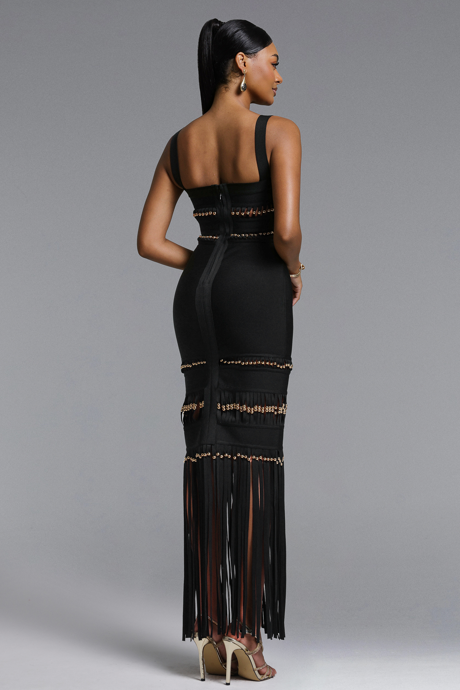 Shanley Chic Contour Sleeveless Beaded Fringe Black Bandage Maxi Dress