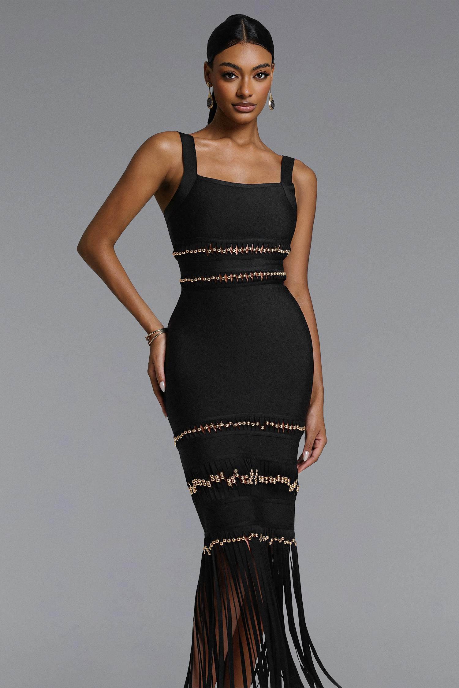 Shanley Chic Contour Sleeveless Beaded Fringe Black Bandage Maxi Dress