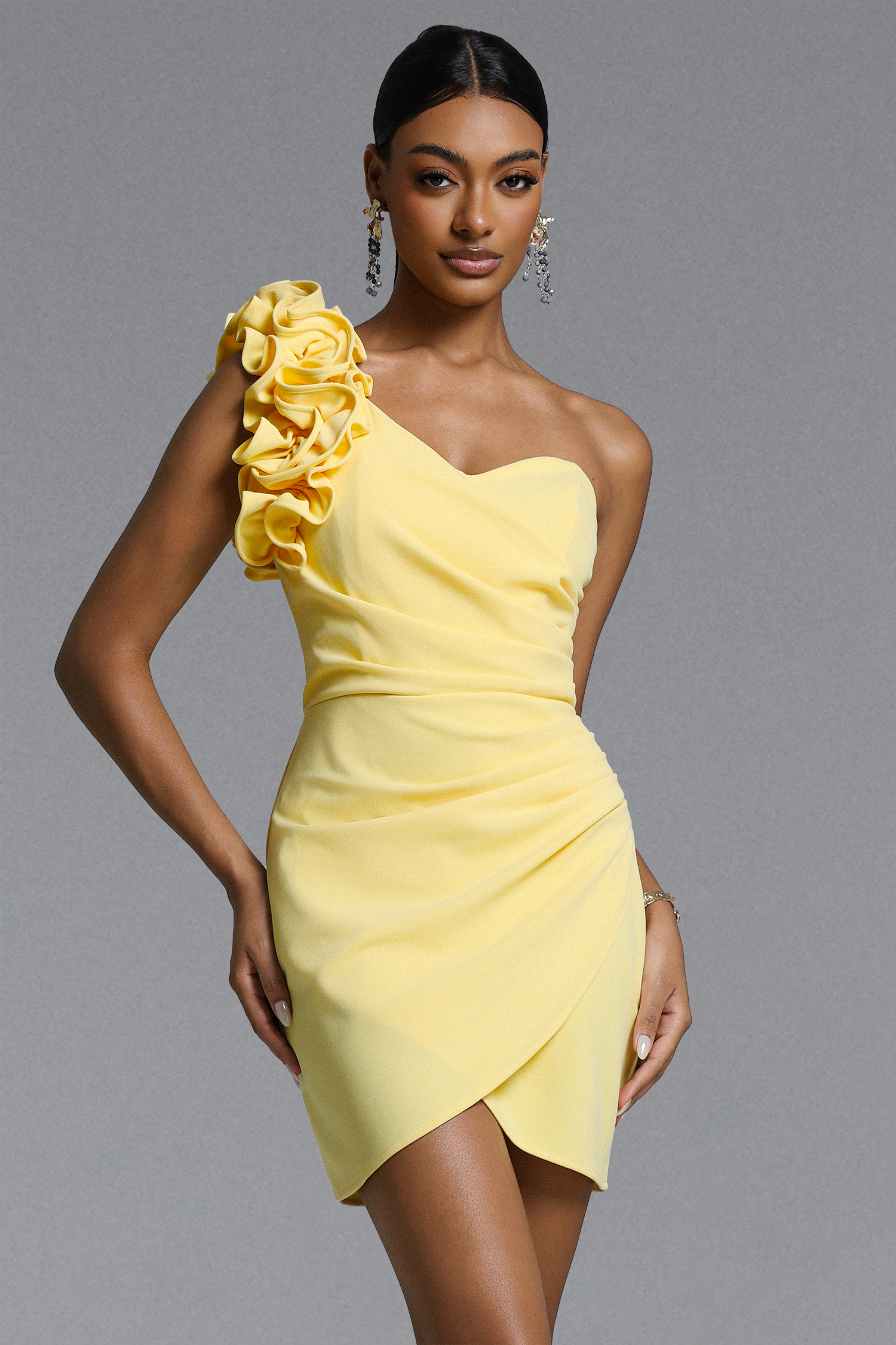 Roanna Elegant Contour One Shoulder Ruched Ruffle Mini Dress