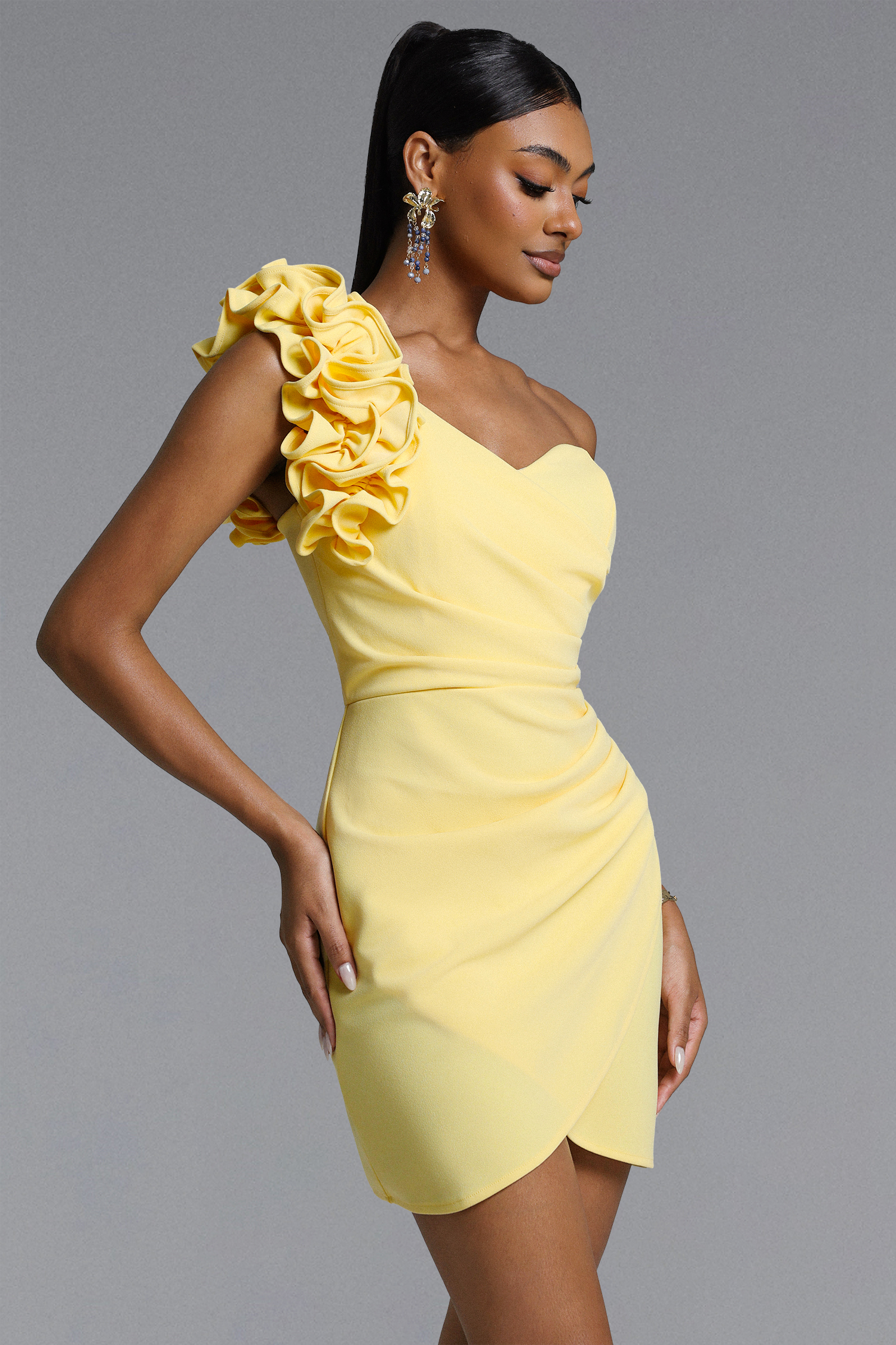 Roanna Elegant Contour One Shoulder Ruched Ruffle Mini Dress