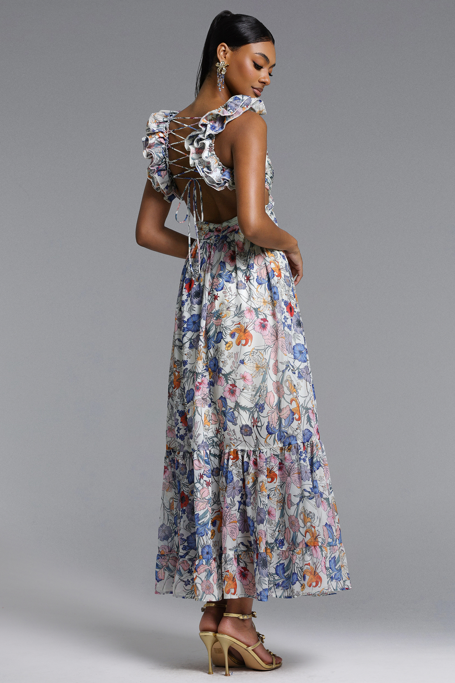 Ritana Romantic Flowy Cut Out Ruched Floral Print Maxi Dress