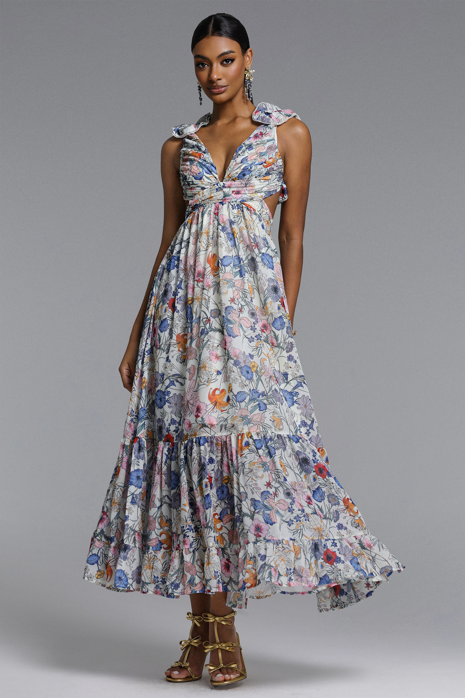 Ritana Romantic Flowy Cut Out Ruched Floral Print Maxi Dress