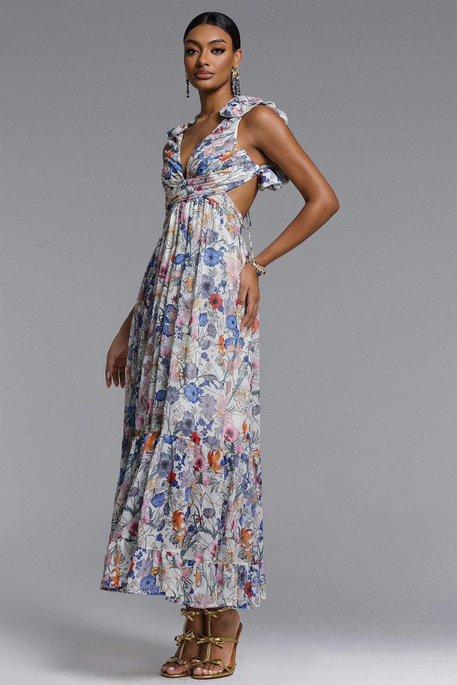 Ritana Romantic Flowy Cut Out Ruched Floral Print Maxi Dress