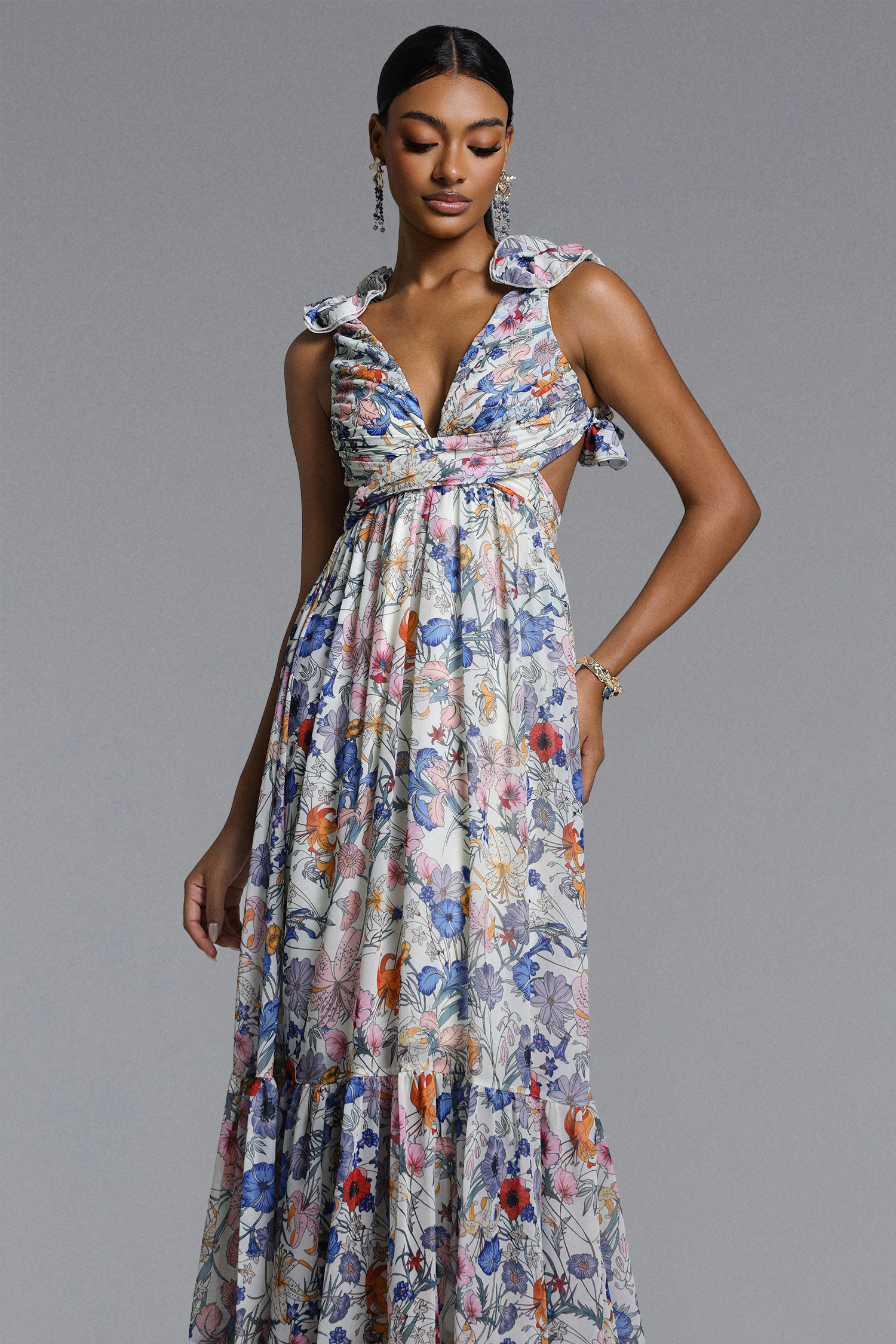 Ritana Romantic Flowy Cut Out Ruched Floral Print Maxi Dress