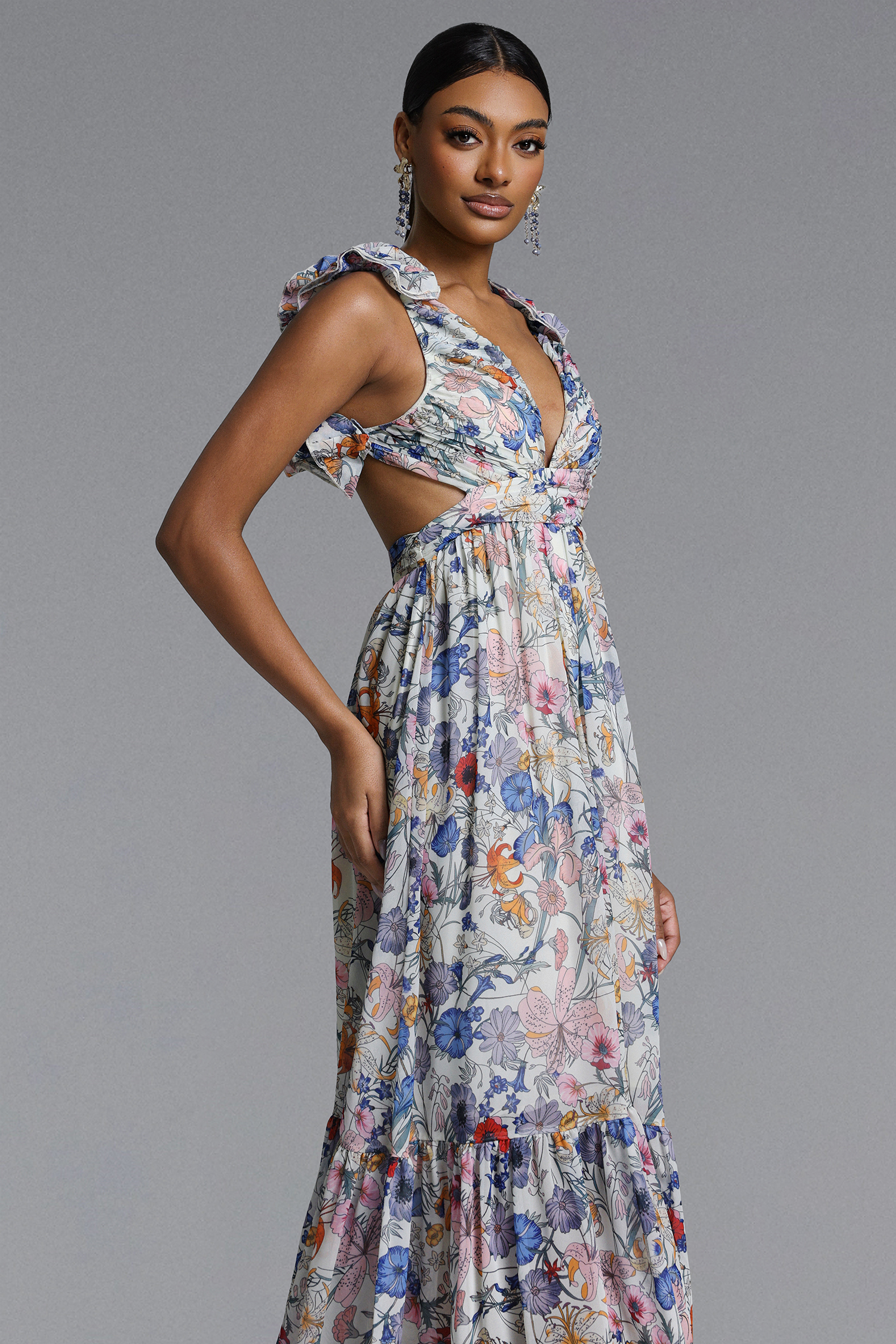 Ritana Romantic Flowy Cut Out Ruched Floral Print Maxi Dress