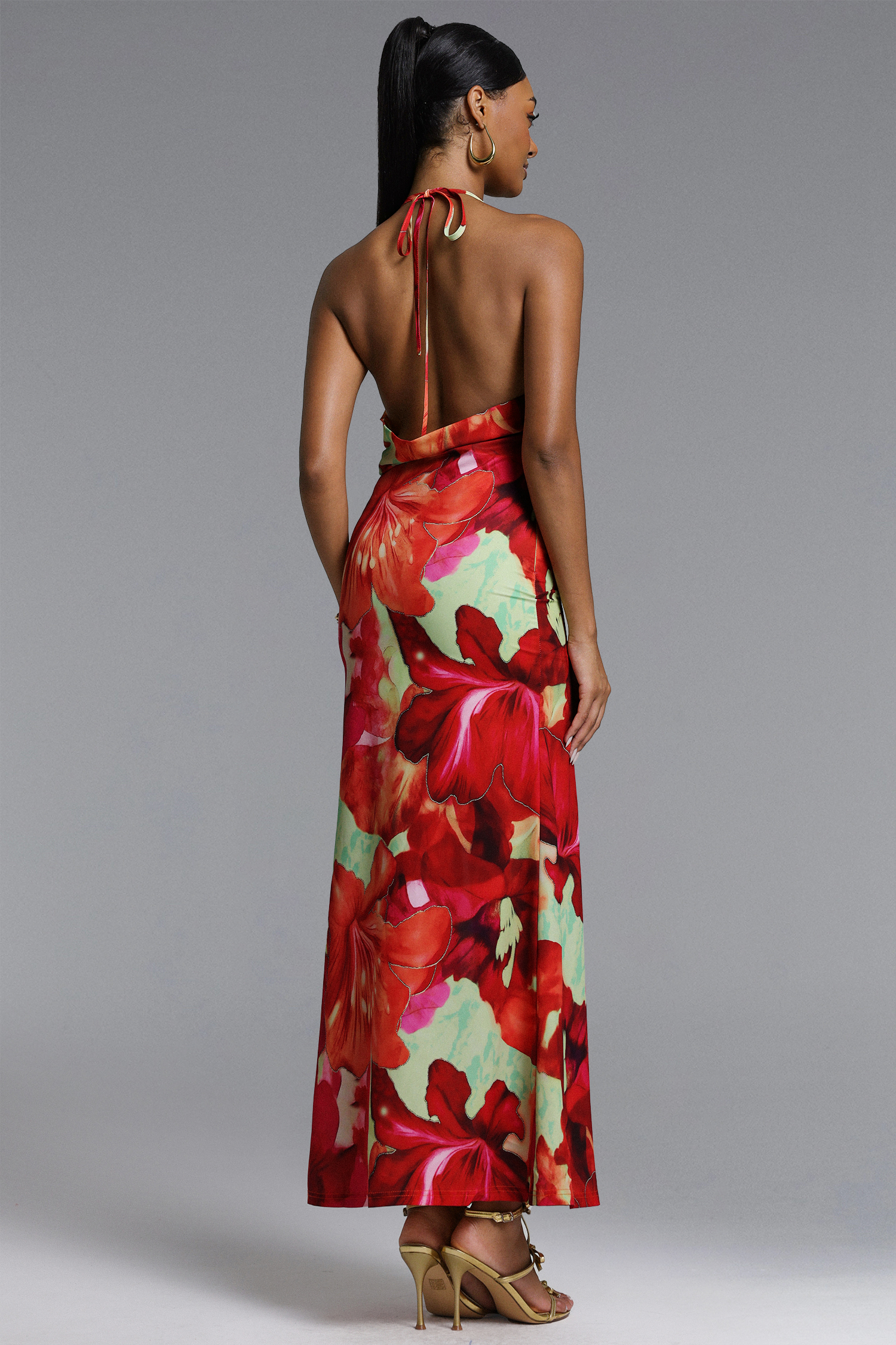 Trudie Chic Contour Halter Floral Print Maxi Dress