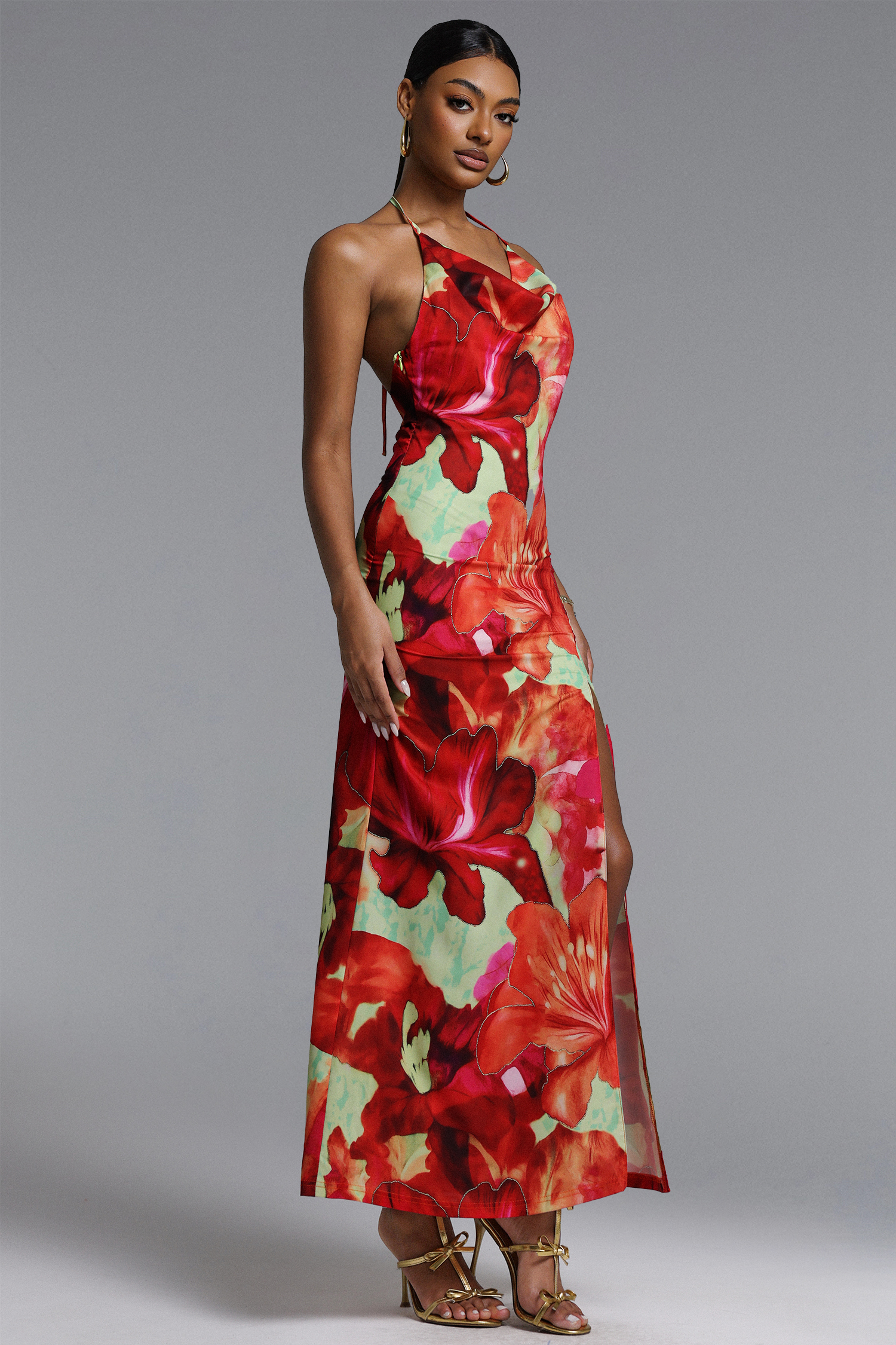 Trudie Chic Contour Halter Floral Print Maxi Dress