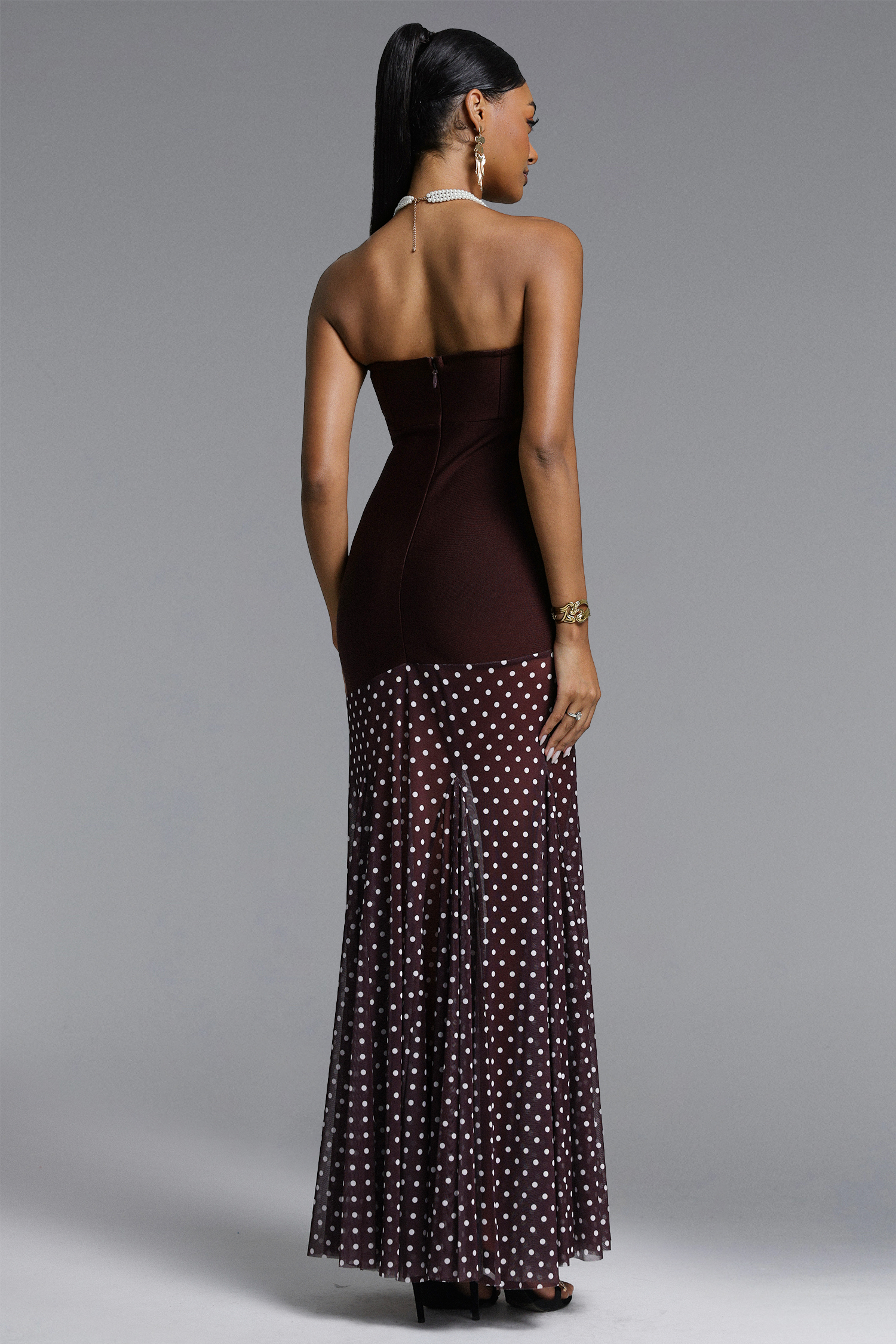 Tadeo Chic Contour Strapless Polka Dot Bandage Maxi Dress