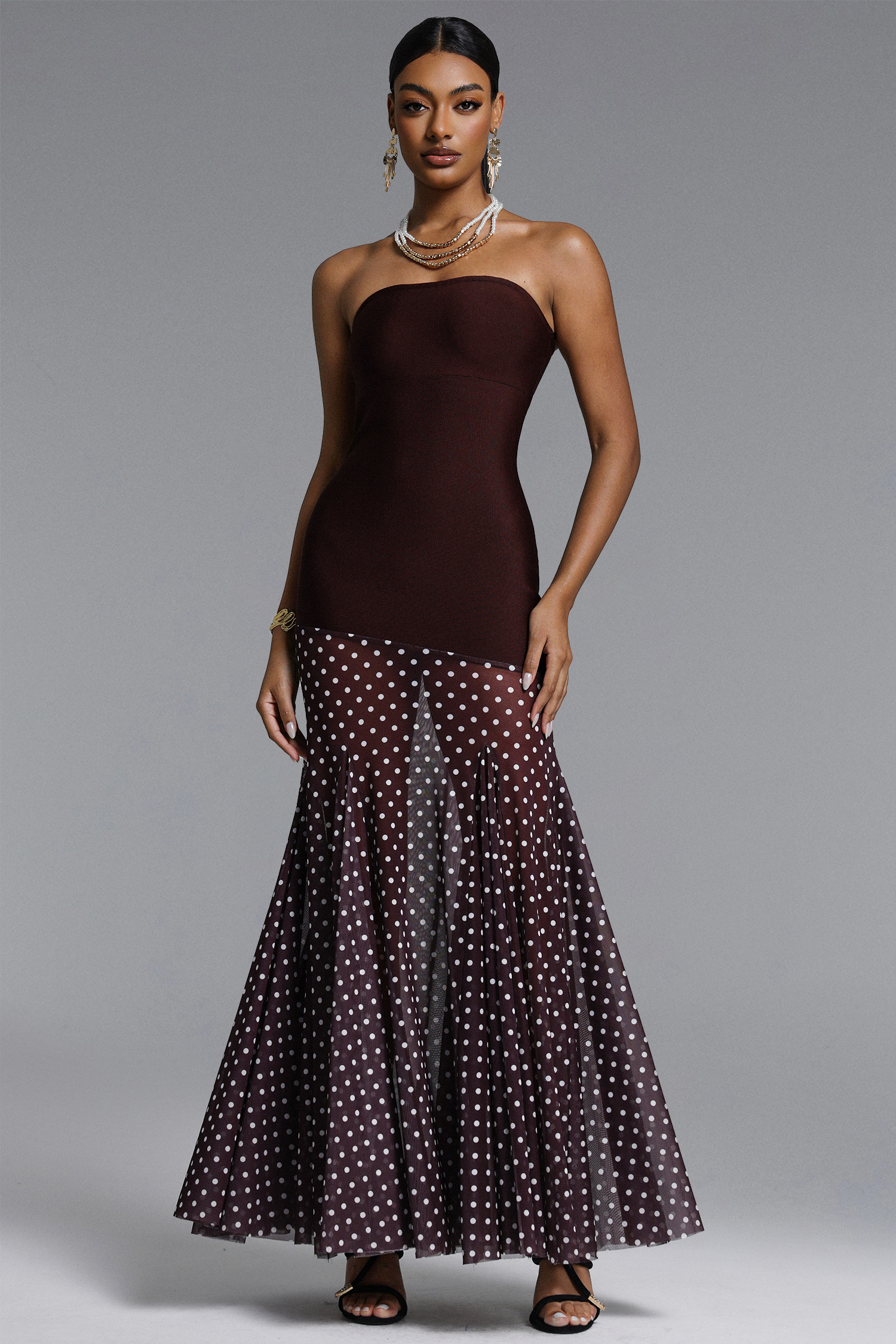 Tadeo Chic Contour Strapless Polka Dot Bandage Maxi Dress