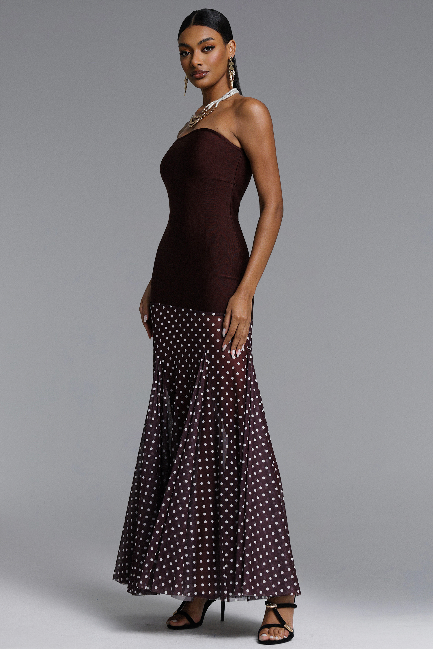 Tadeo Chic Contour Strapless Polka Dot Bandage Maxi Dress