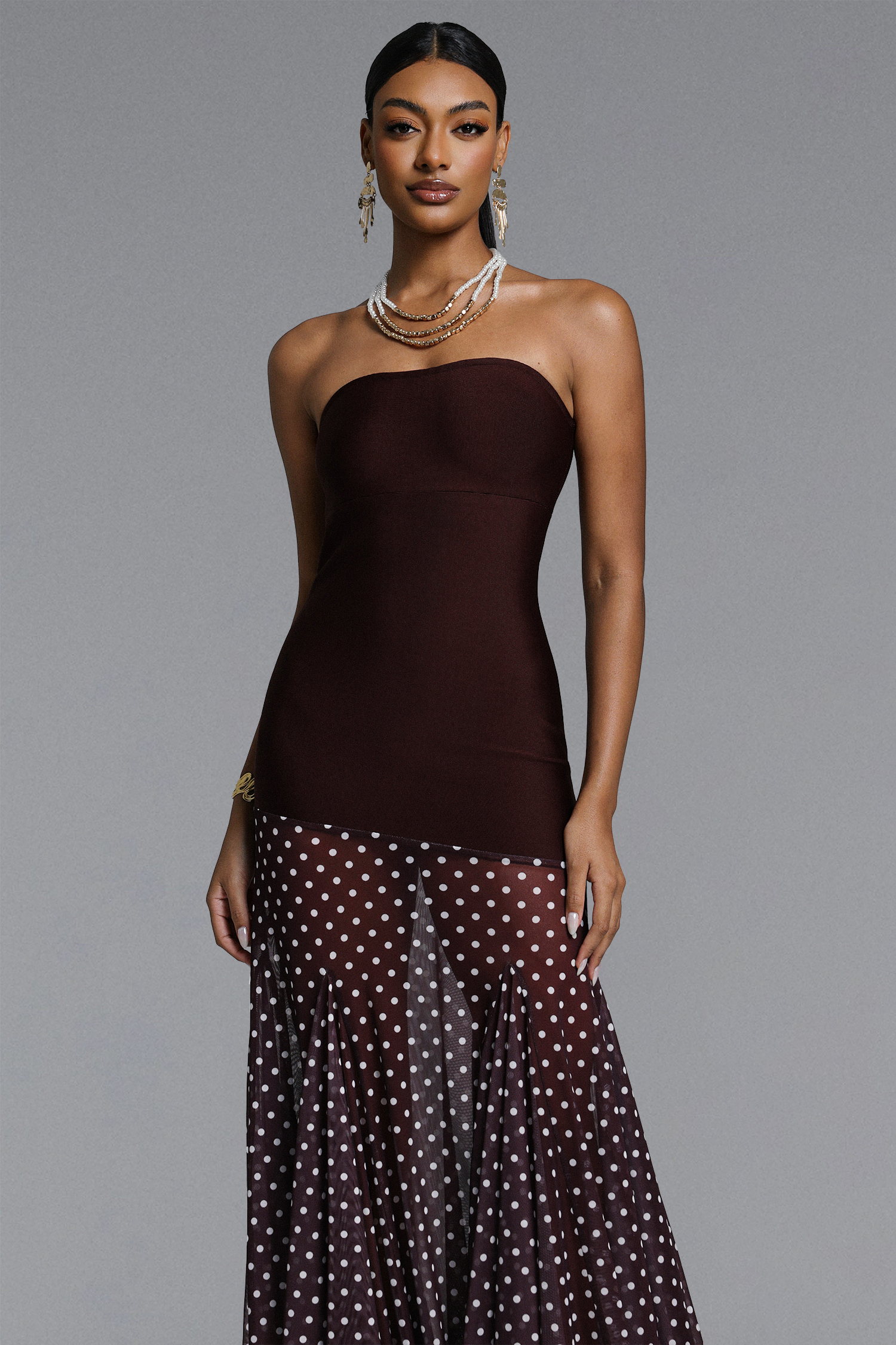 Tadeo Chic Contour Strapless Polka Dot Bandage Maxi Dress