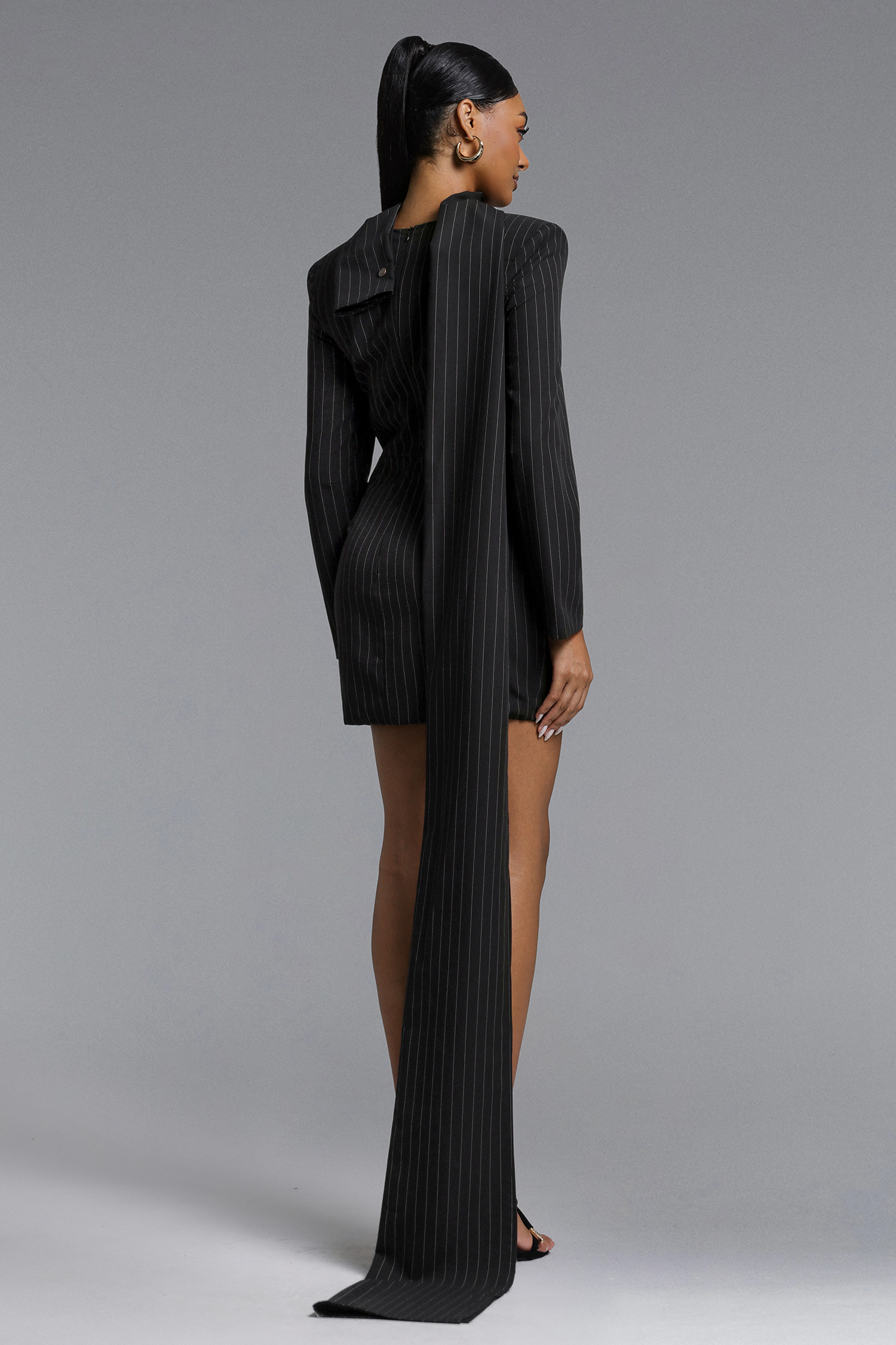 Zamiel Chic Tailored V Neck Long Sleeve Ruched Stripe Woven Mini Dress