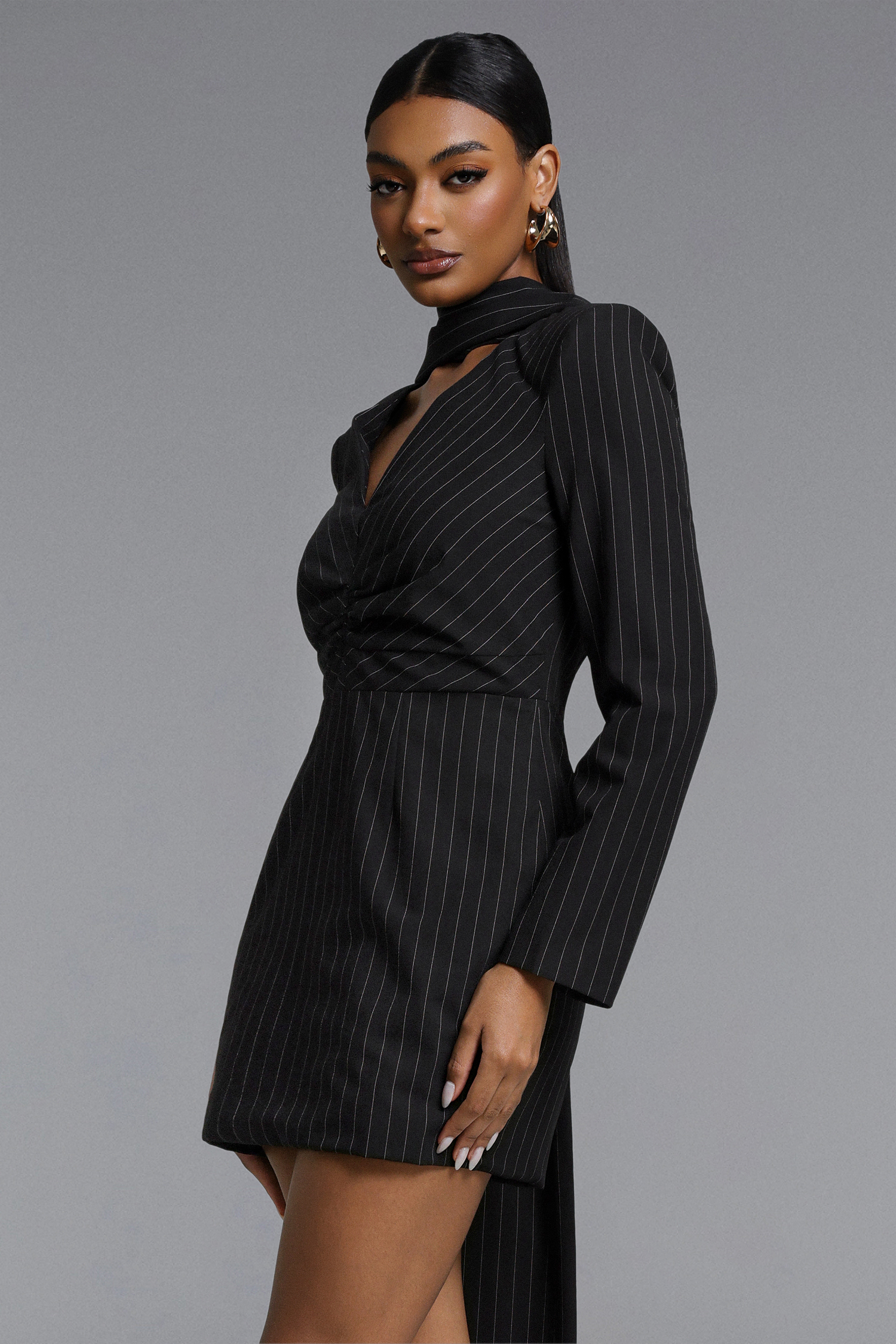 Zamiel Chic Tailored V Neck Long Sleeve Ruched Stripe Woven Mini Dress