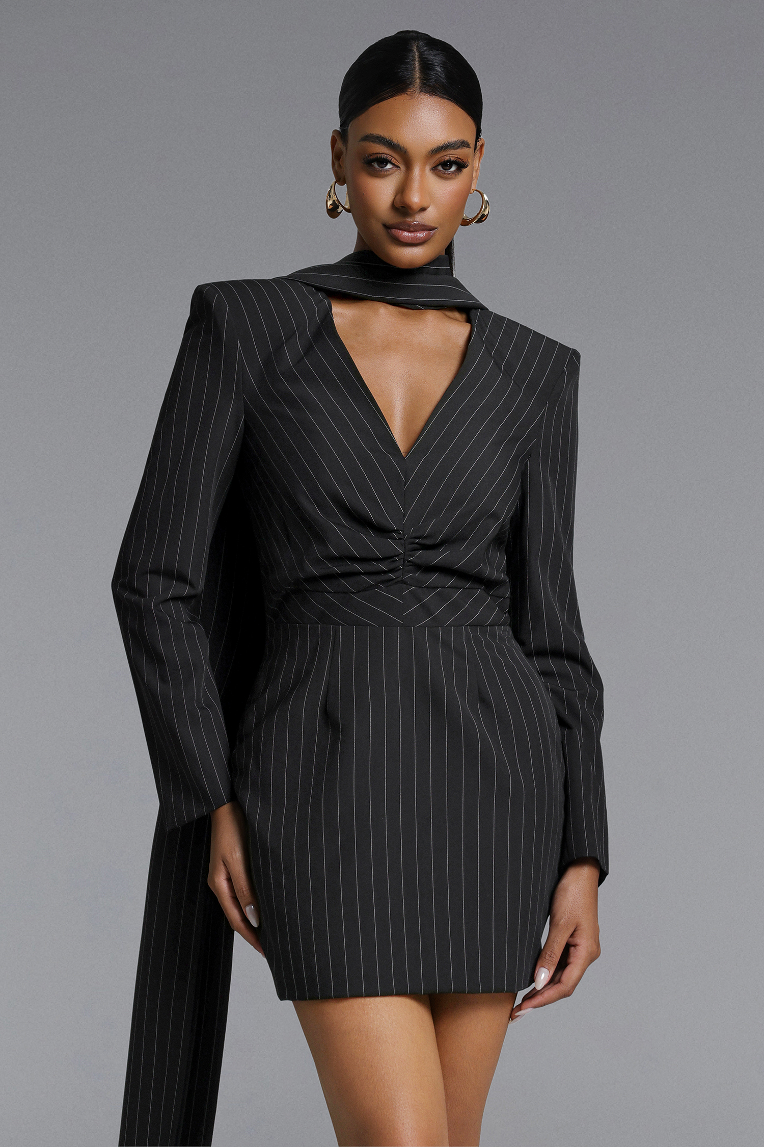 Zamiel Chic Tailored V Neck Long Sleeve Ruched Stripe Woven Mini Dress