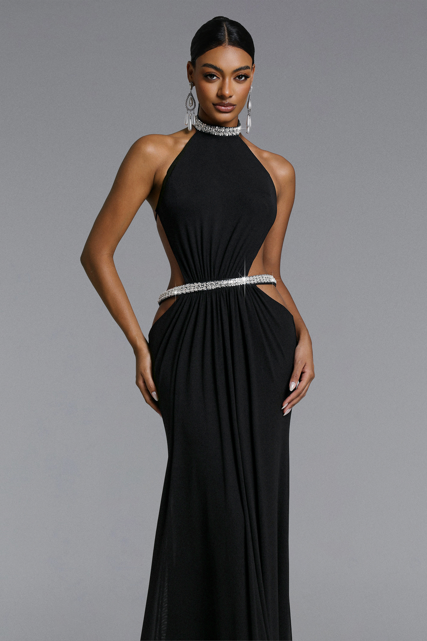 Evelina Chic Flowy Halter Open Back Ruched Maxi Dress