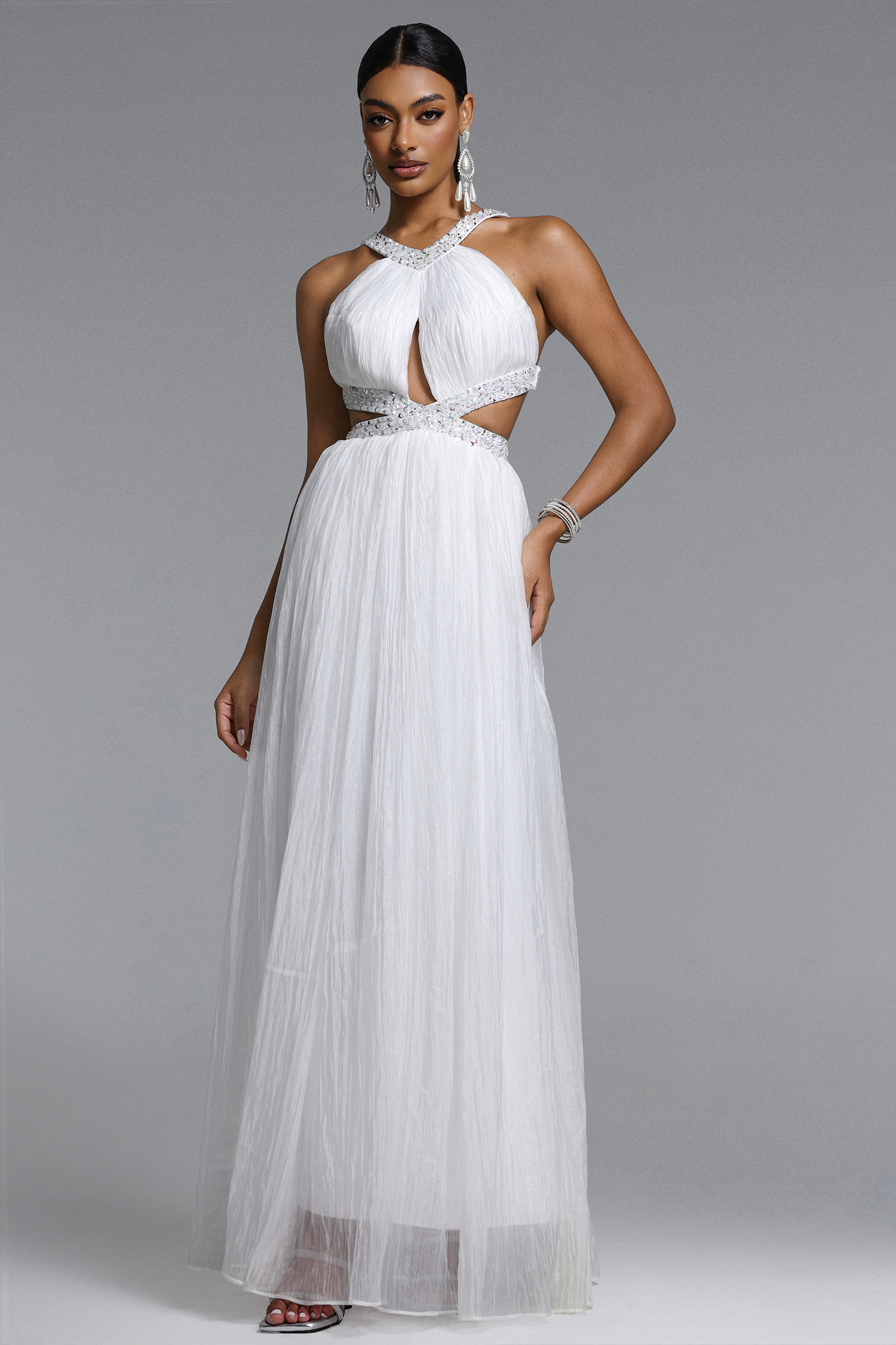Habiba Elegant Flowy Halter Cut Out Sequin Maxi Dress