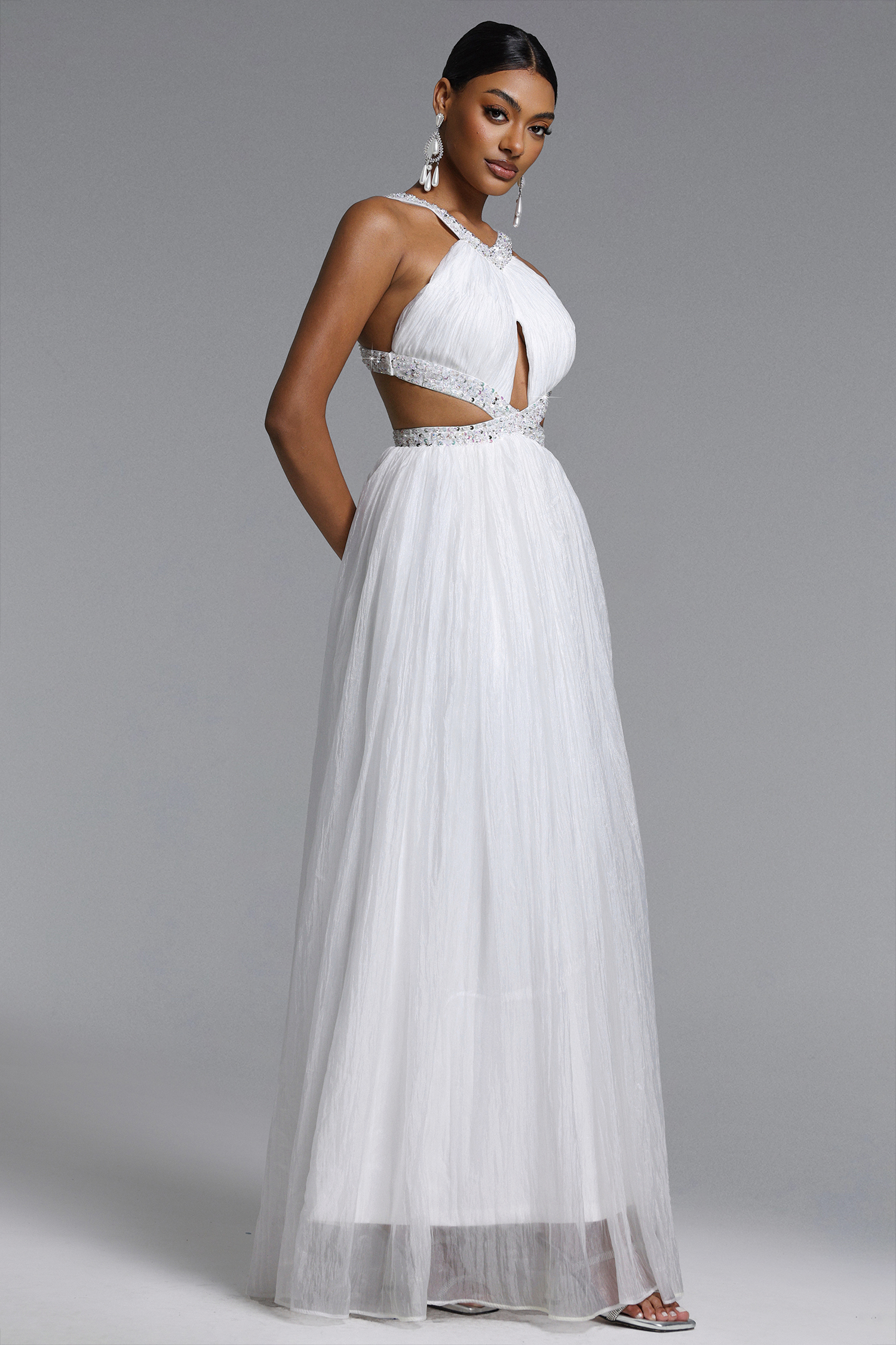 Habiba Elegant Flowy Halter Cut Out Sequin Maxi Dress