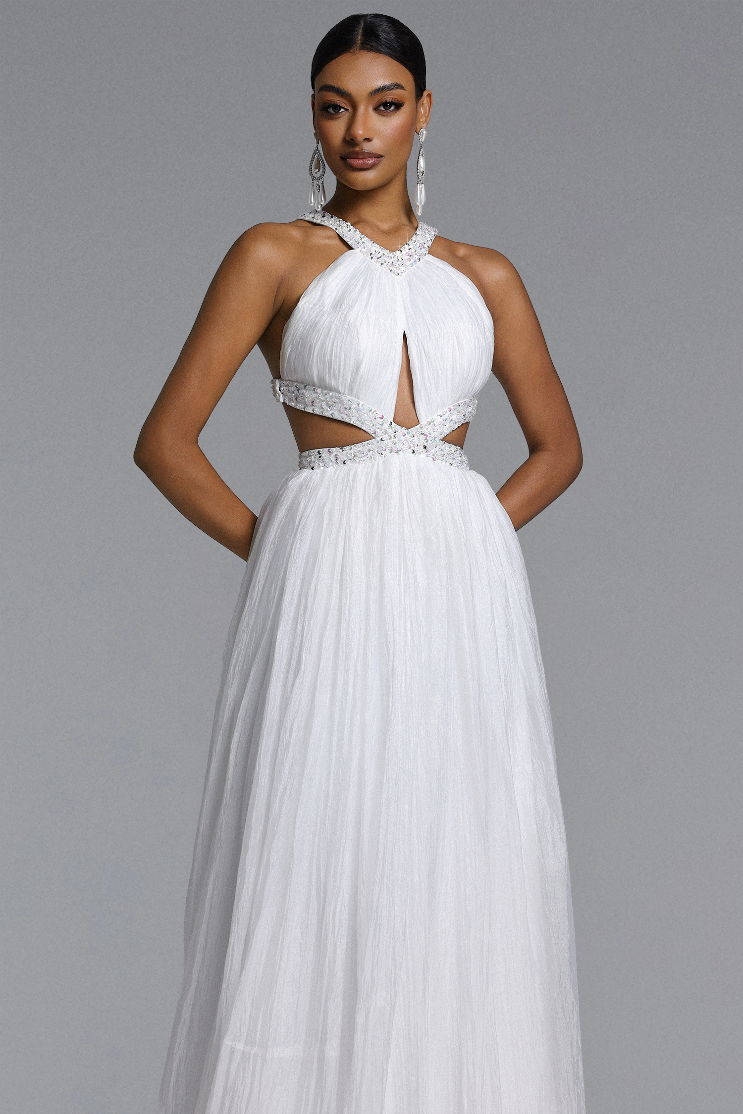 Habiba Elegant Flowy Halter Cut Out Sequin Maxi Dress