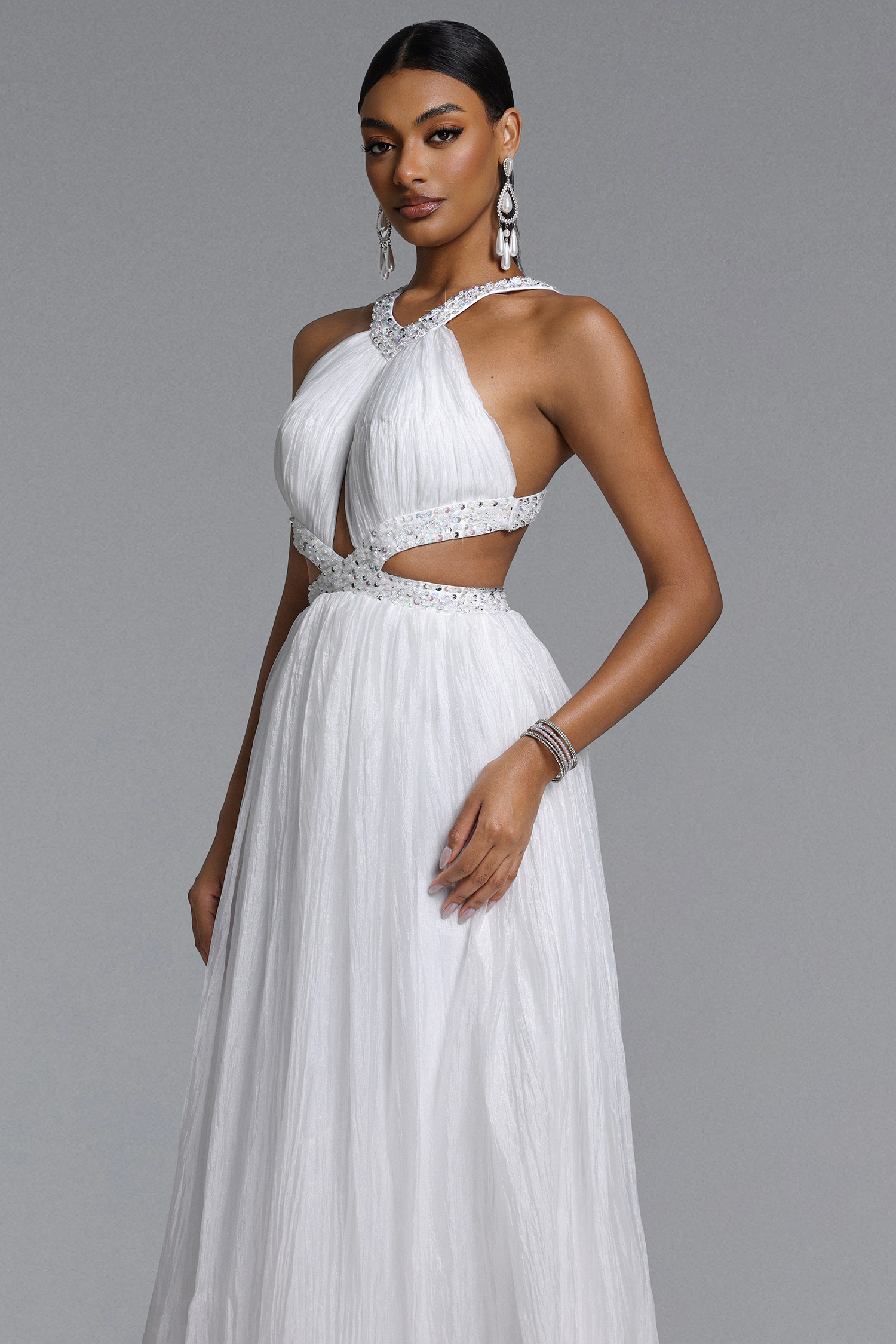 Habiba Elegant Flowy Halter Cut Out Sequin Maxi Dress
