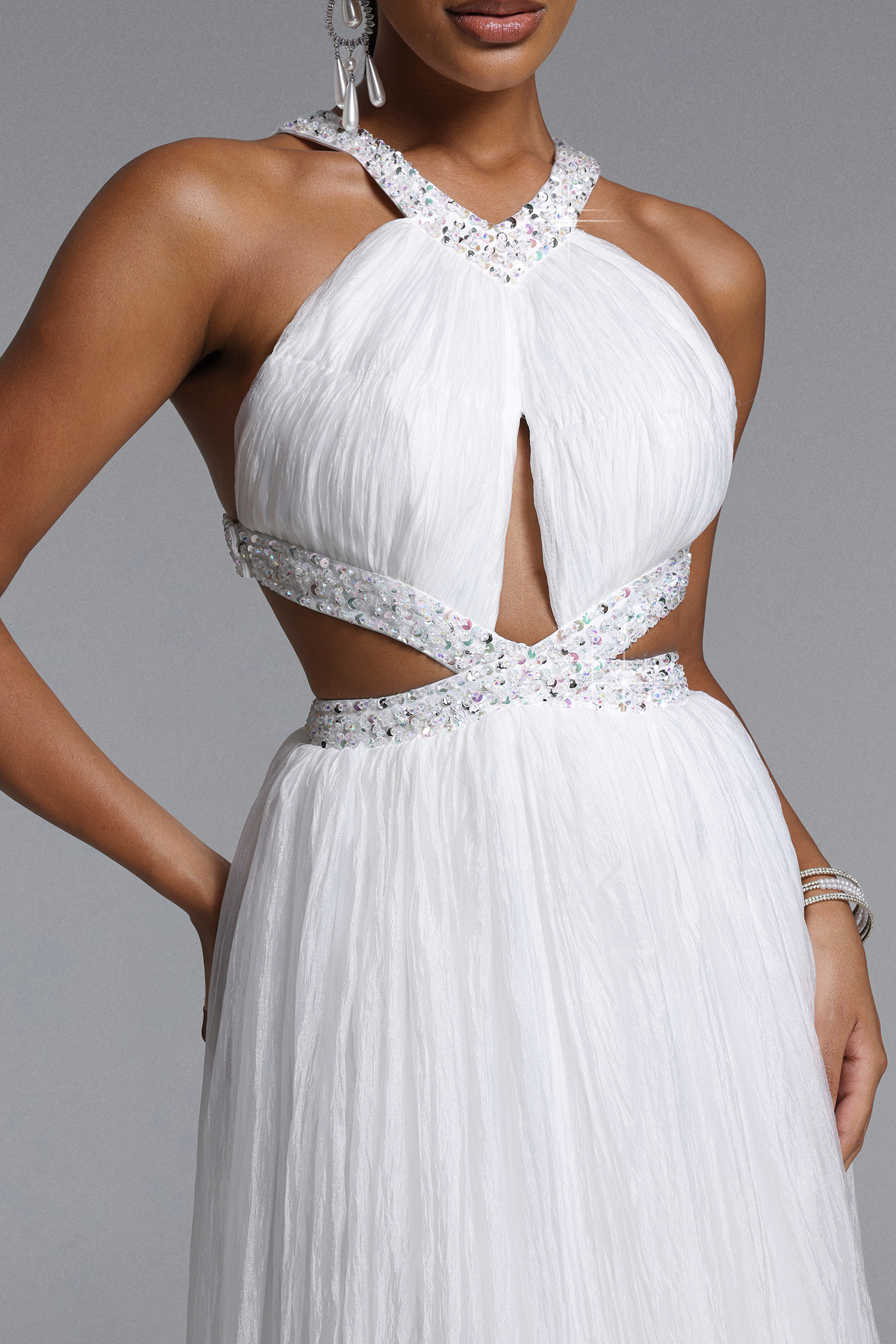 Habiba Elegant Flowy Halter Cut Out Sequin Maxi Dress