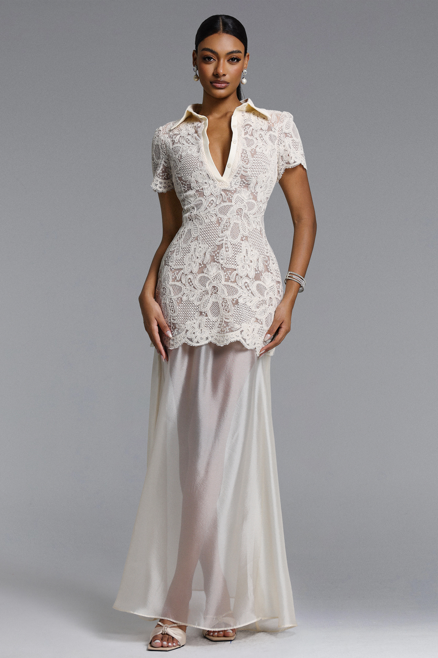 Locia Elegant Contour Buttoned Short Sleeve Lace Top and Satin Skirt