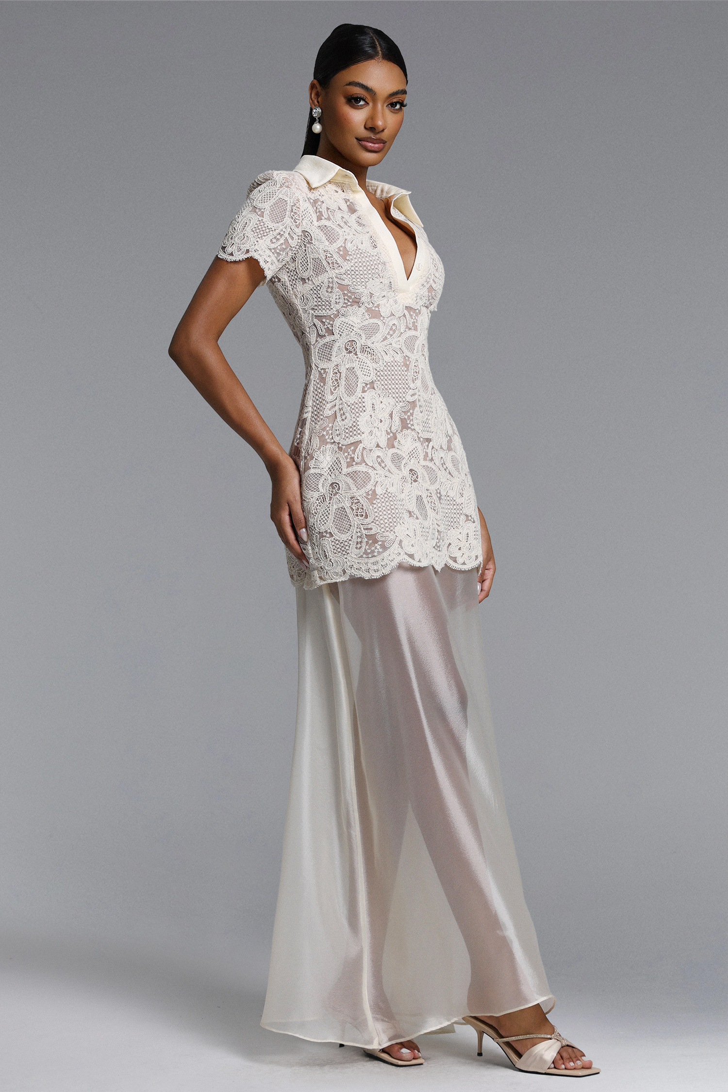 Locia Elegant Contour Buttoned Short Sleeve Lace Top and Satin Skirt