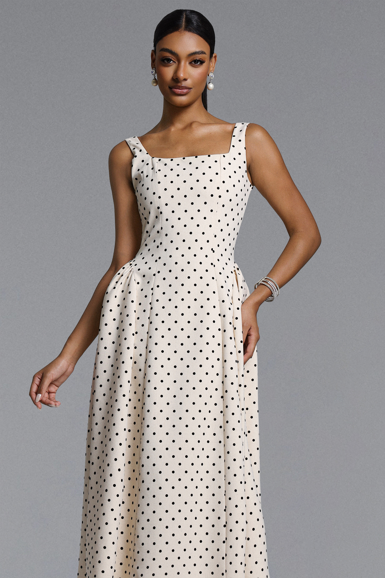 Roie Classic Tailored Square Neck Polka Dot Maxi Dress