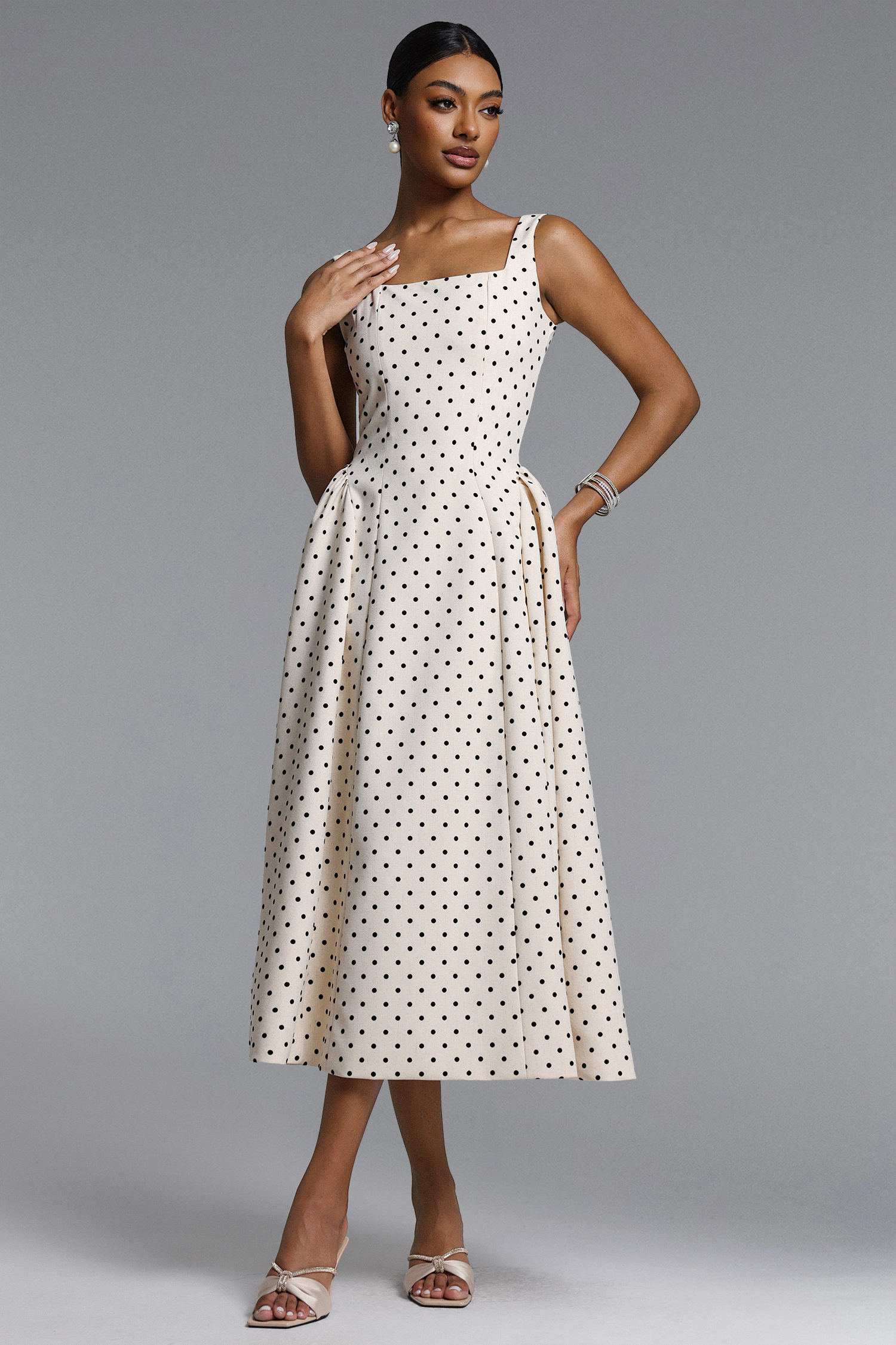 Roie Classic Tailored Square Neck Polka Dot Maxi Dress