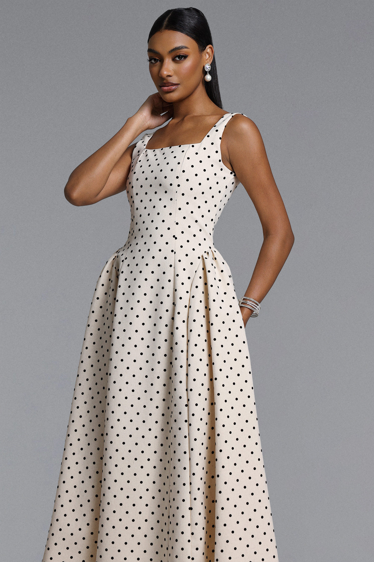 Roie Classic Tailored Square Neck Polka Dot Maxi Dress