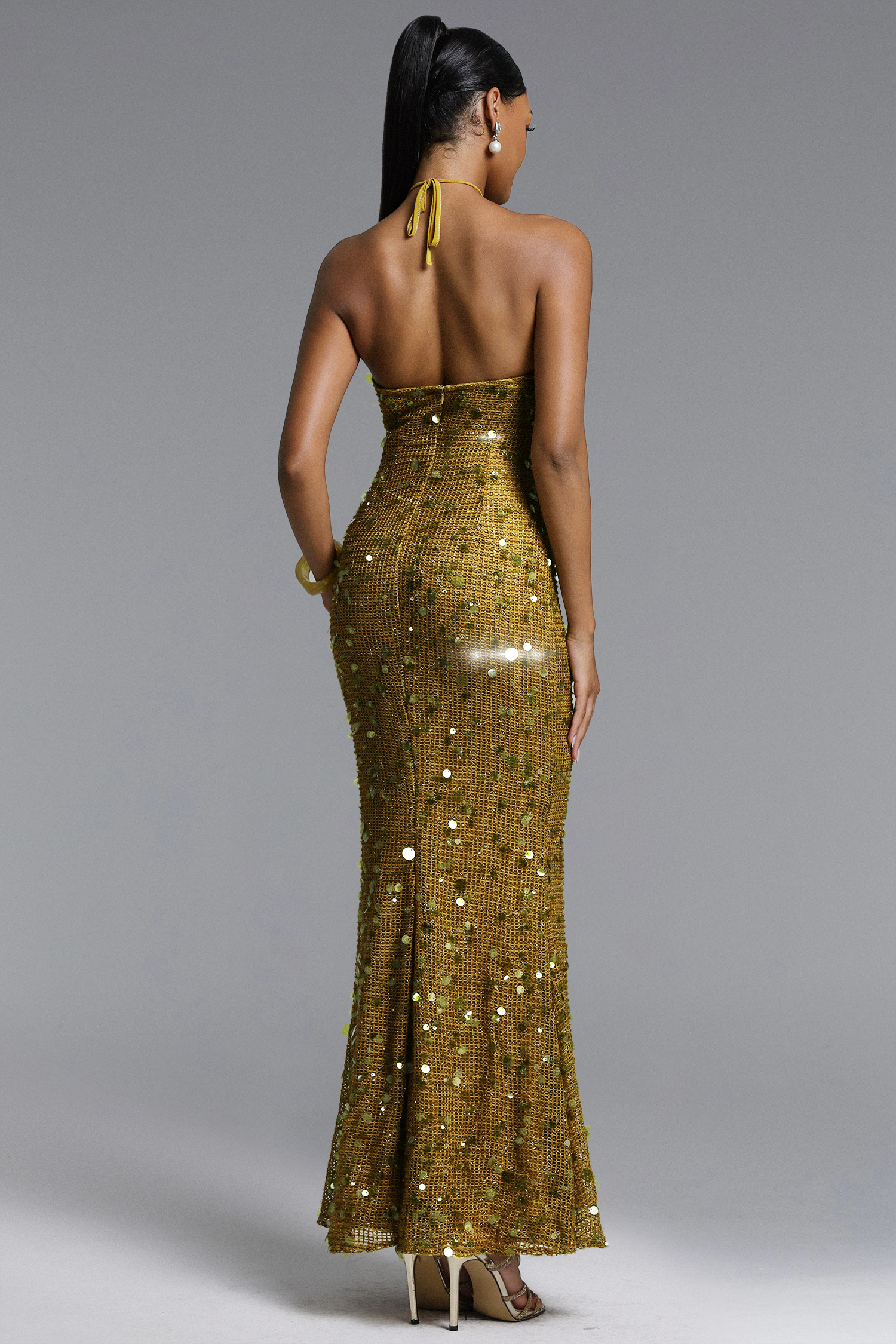 Liza Elegant Contour Halter Floral Sequin Maxi Dress