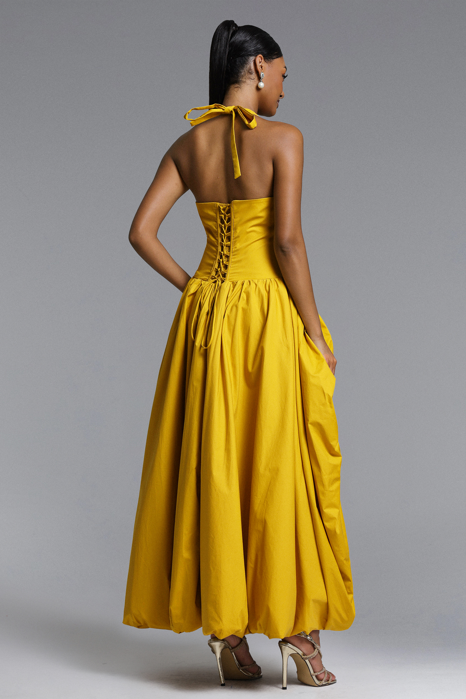 Zaniyah Romantic Contour Halter Pleated Puff Maxi Dress