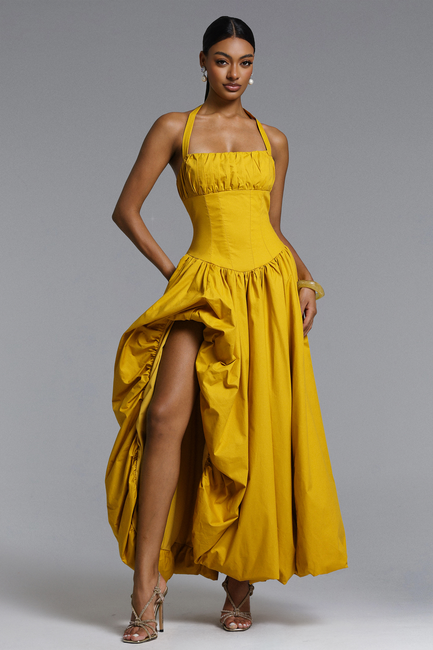 Zaniyah Romantic Contour Halter Pleated Puff Maxi Dress