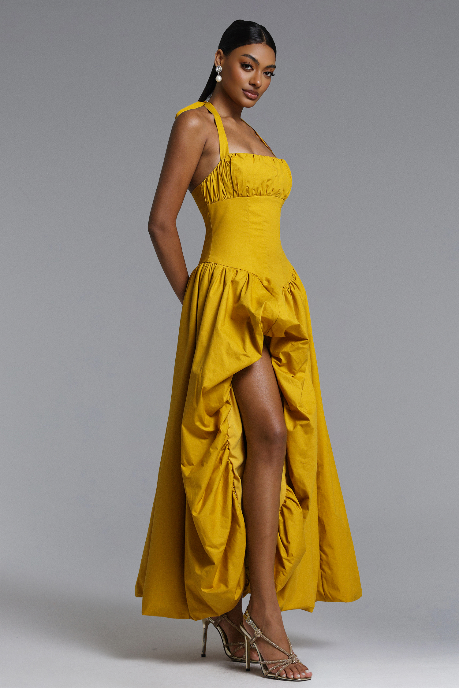 Zaniyah Romantic Contour Halter Pleated Puff Maxi Dress