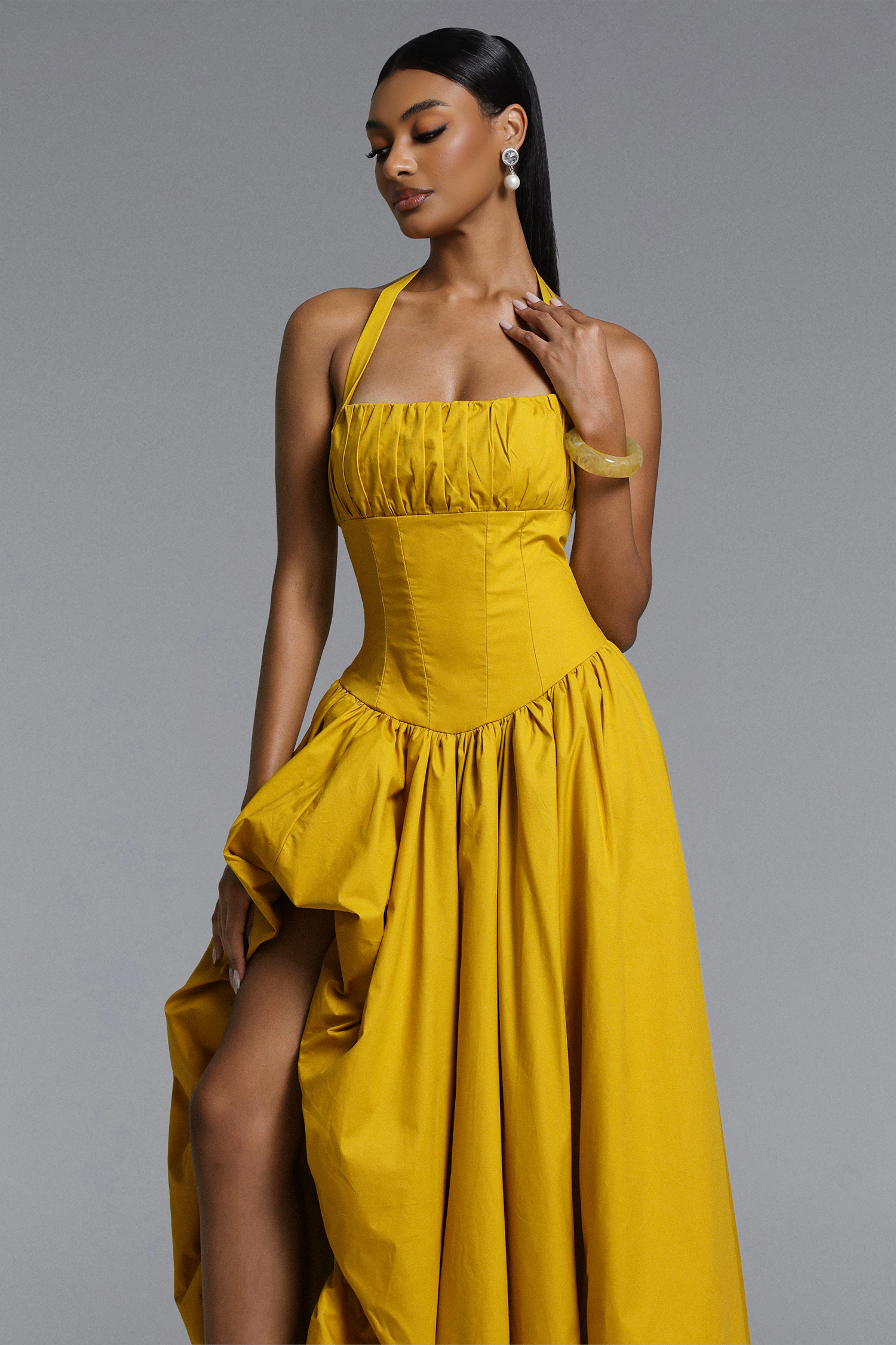 Zaniyah Romantic Contour Halter Pleated Puff Maxi Dress