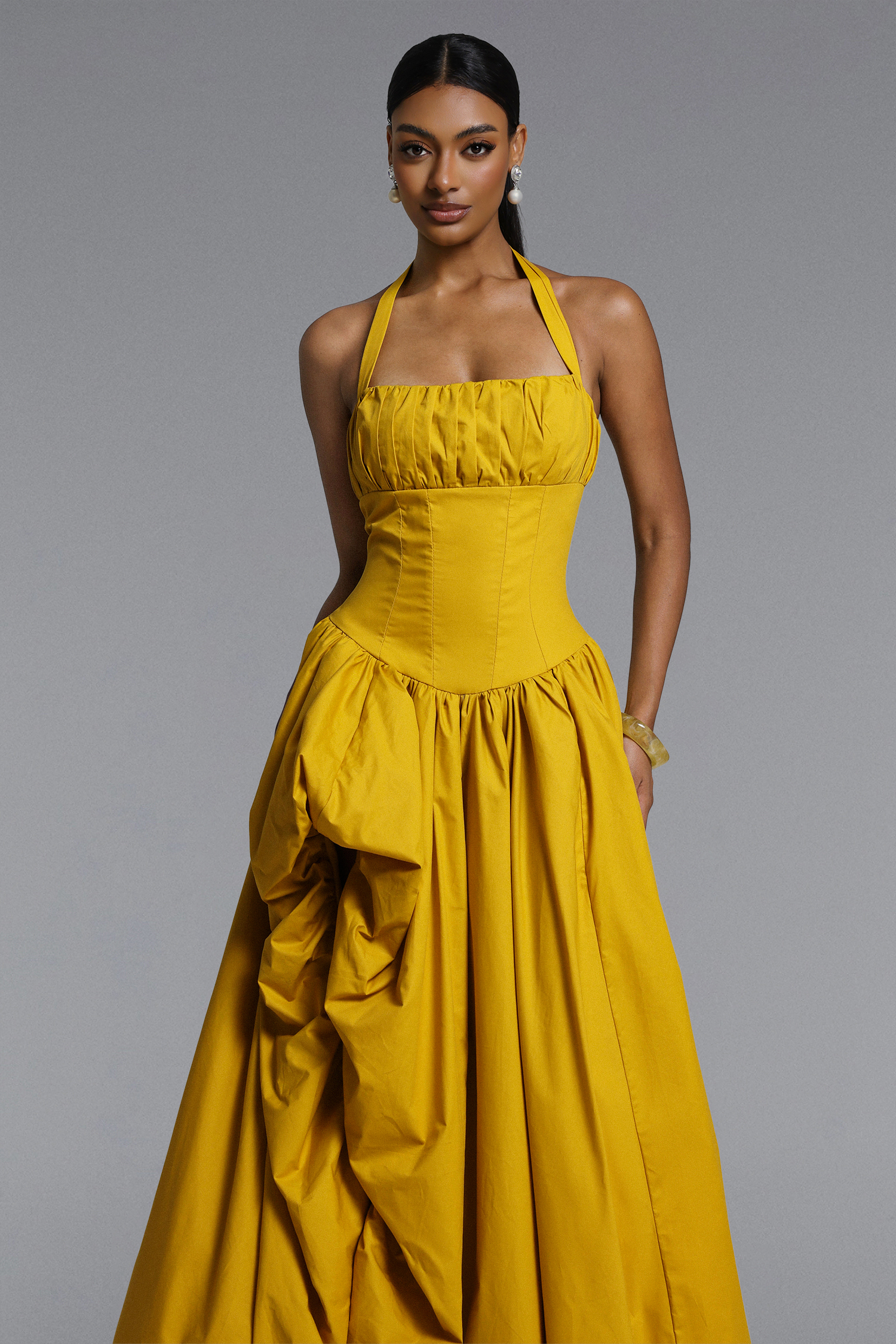 Zaniyah Romantic Contour Halter Pleated Puff Maxi Dress