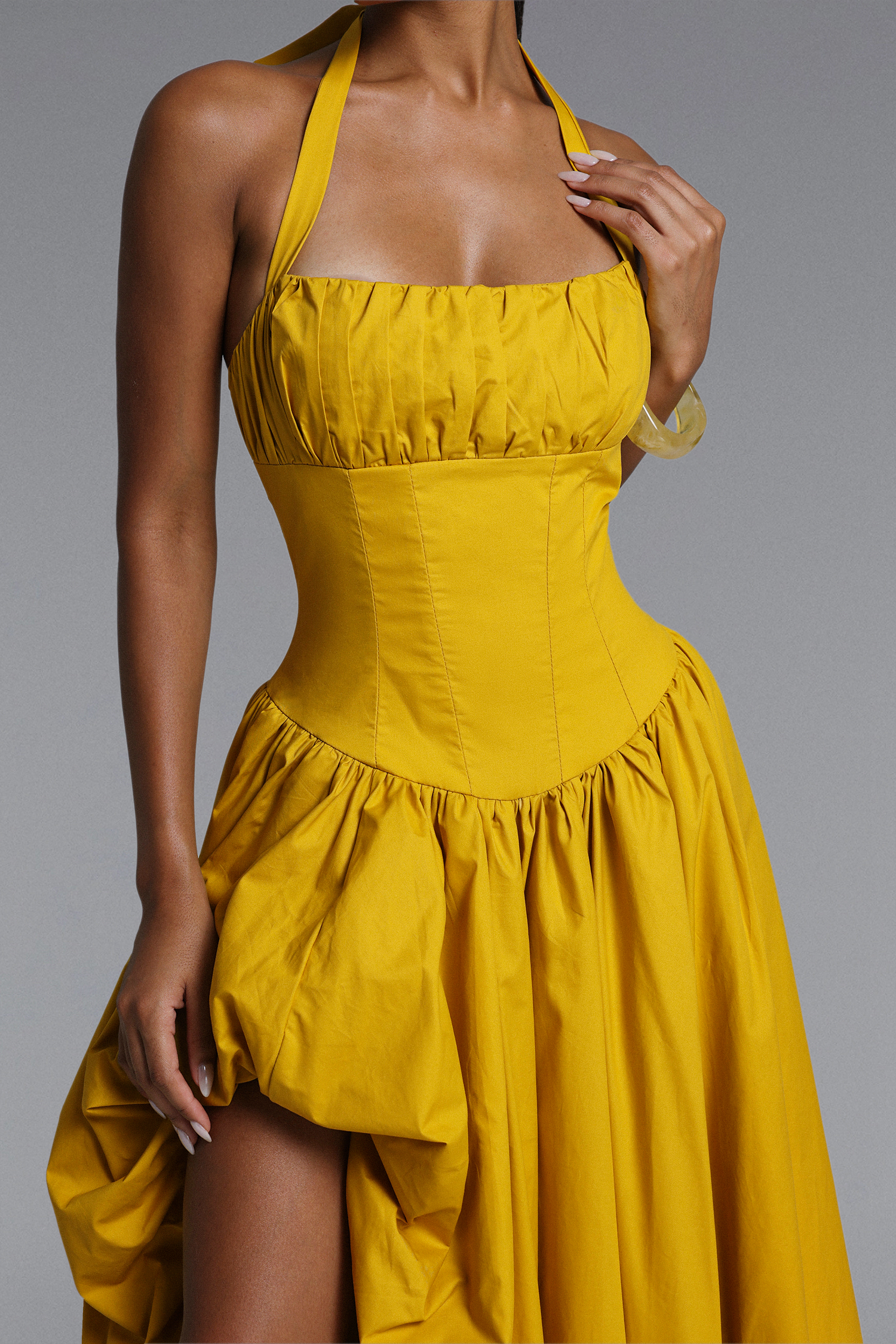 Zaniyah Romantic Contour Halter Pleated Puff Maxi Dress