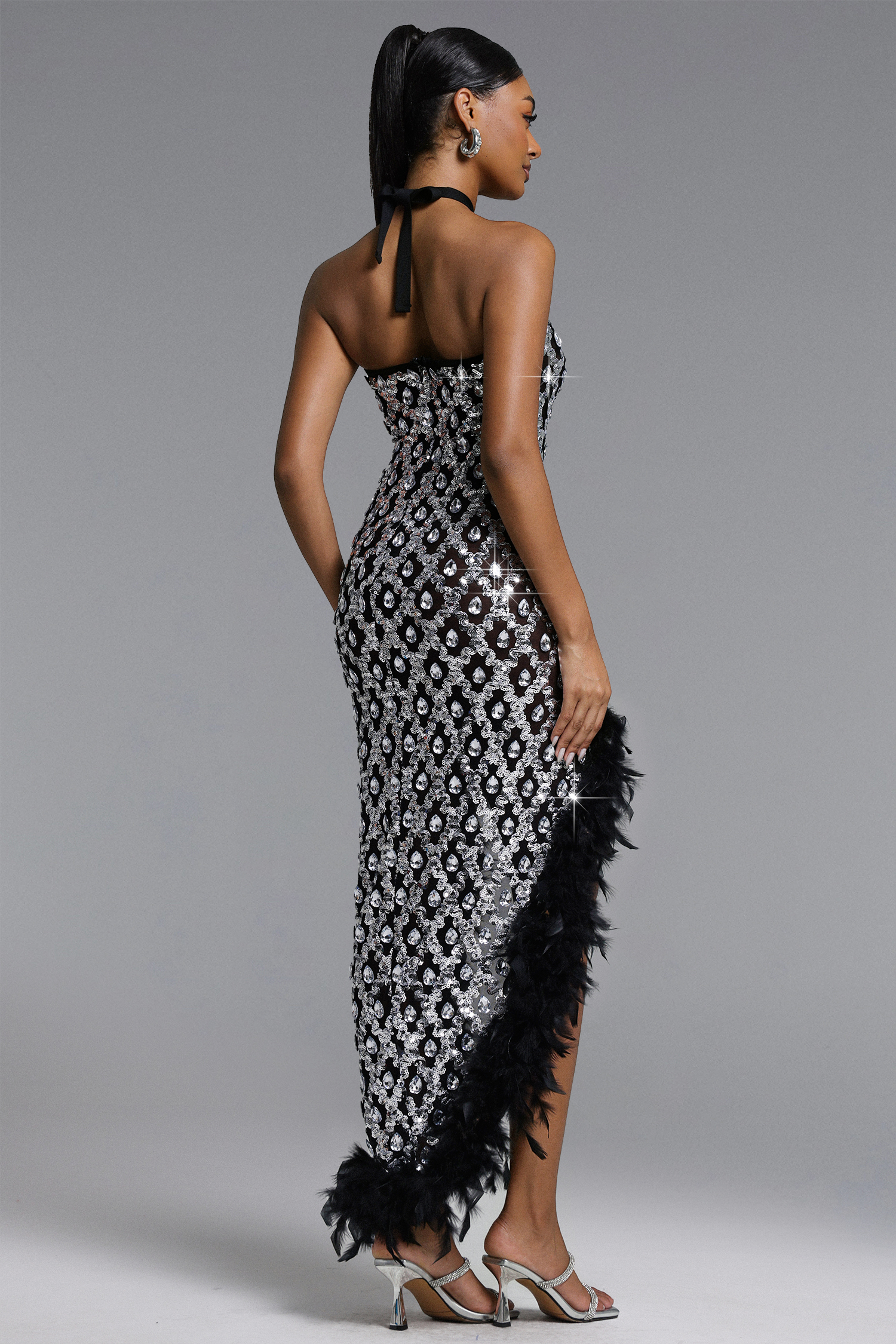 Raola Glamorous Contour Halter Rhinestone Sequin Feather Maxi Dress