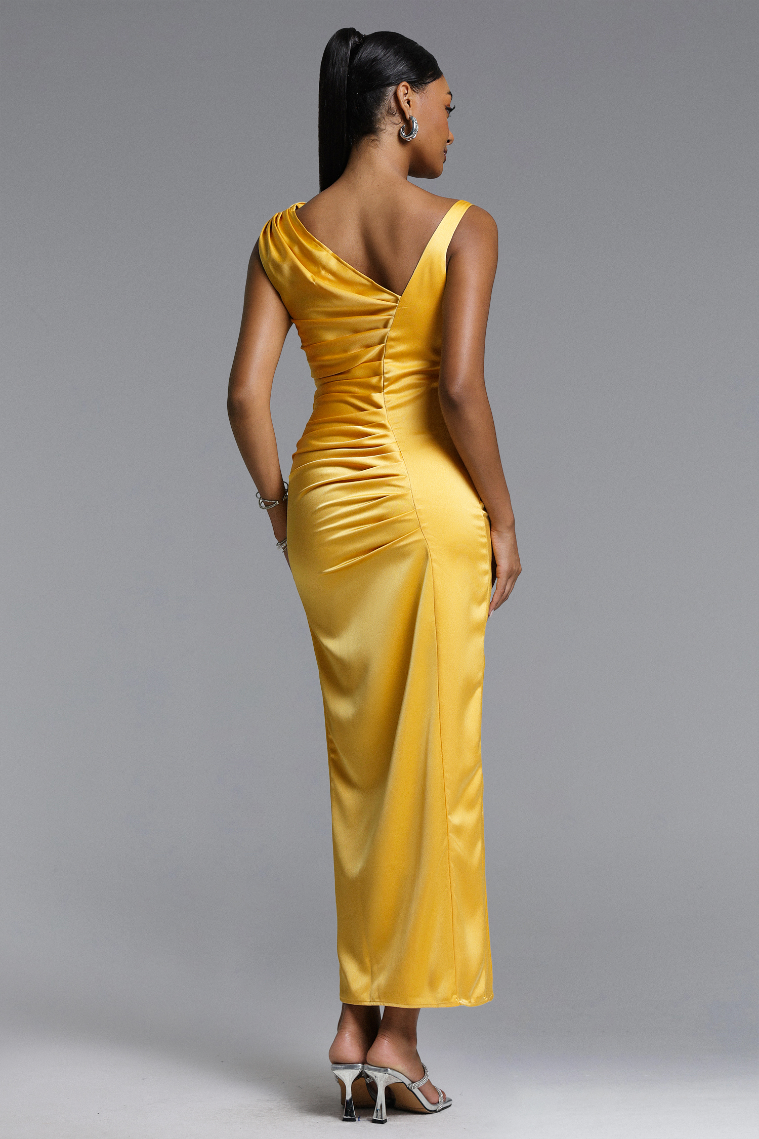 Marcella Chic Contour Asymmetrical Pleated Satin Maxi Dress