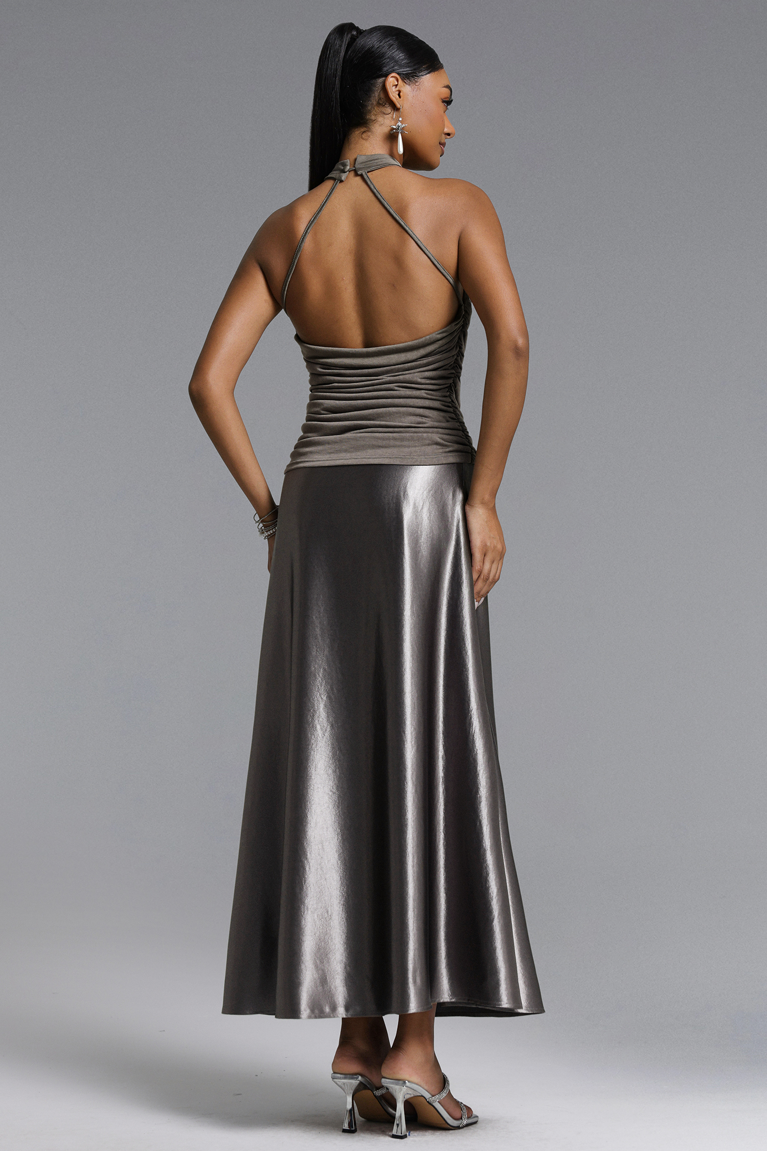 Sharian Chic Contour Halter Ruched Satin Top and Skirt Set