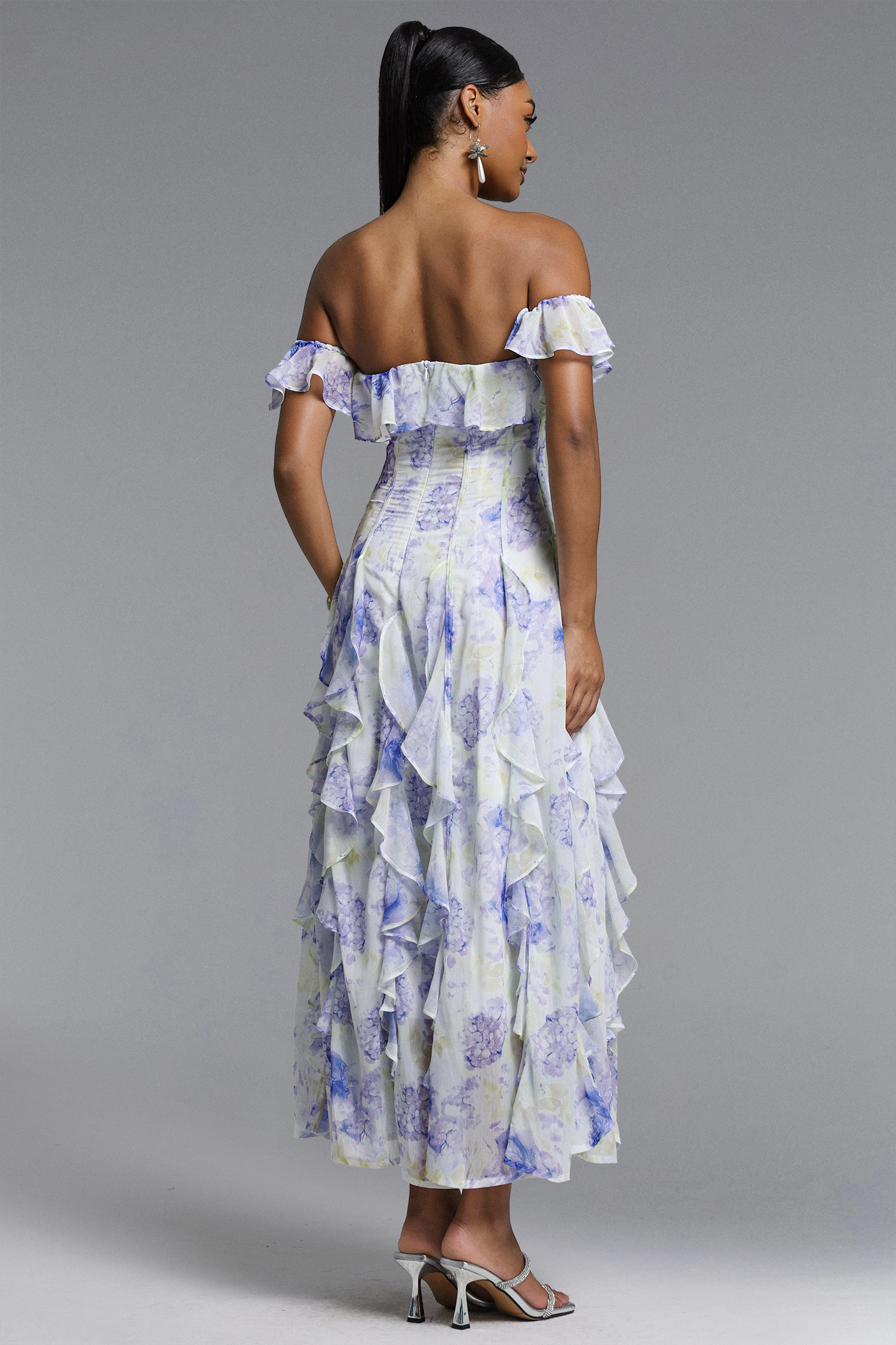 Eurien Elegant Flowy Off Shoulder Ruffle Floral Print Maxi Dress