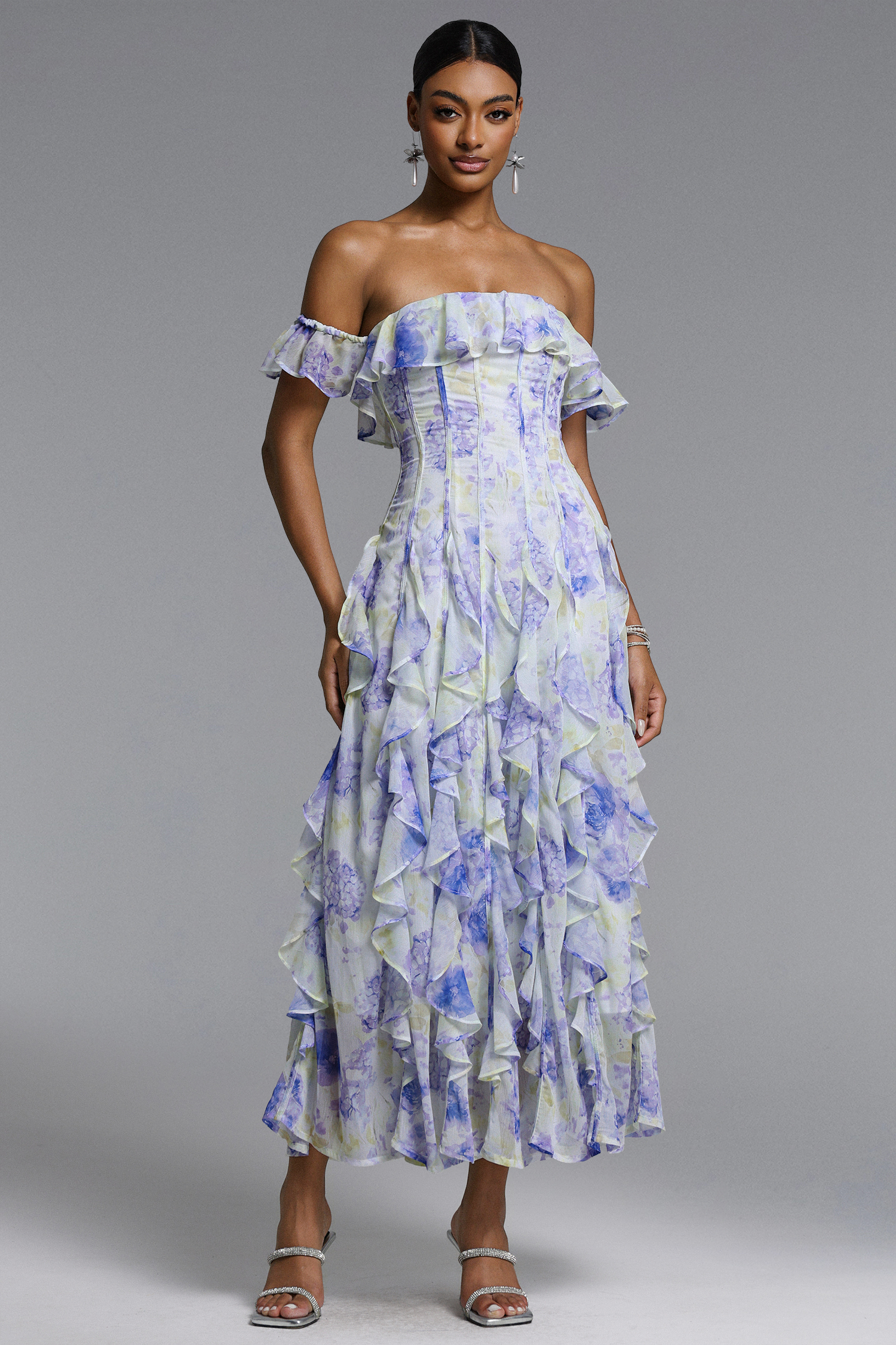 Eurien Elegant Flowy Off Shoulder Ruffle Floral Print Maxi Dress