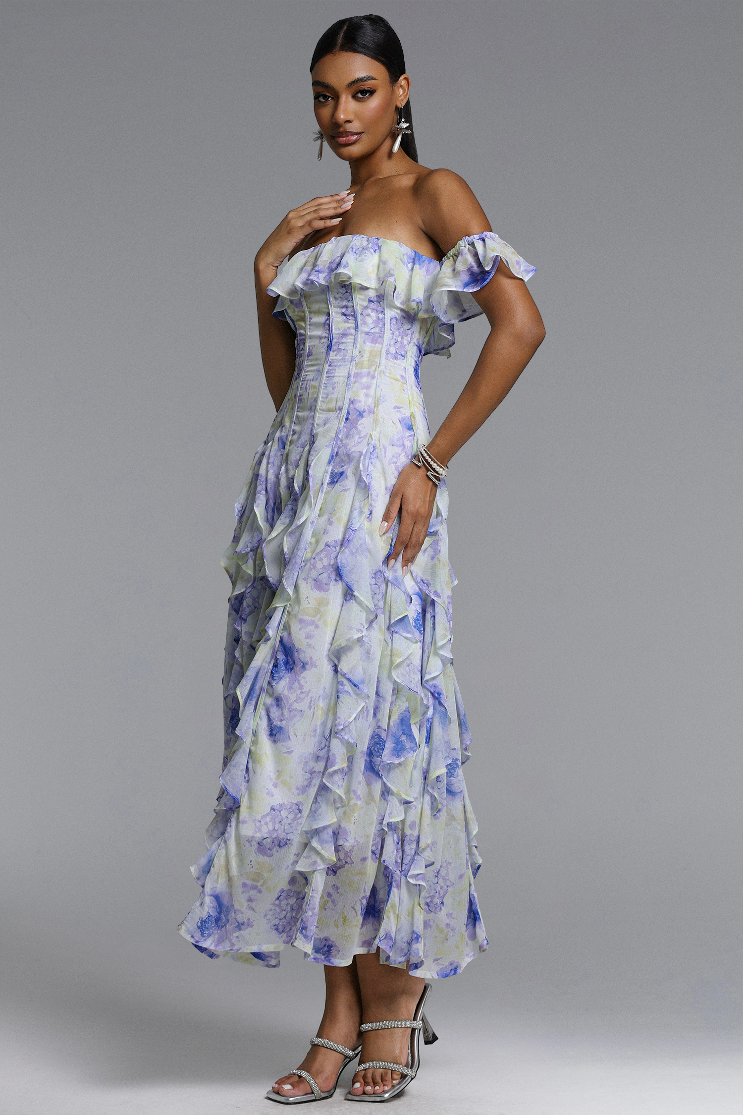 Eurien Elegant Flowy Off Shoulder Ruffle Floral Print Maxi Dress