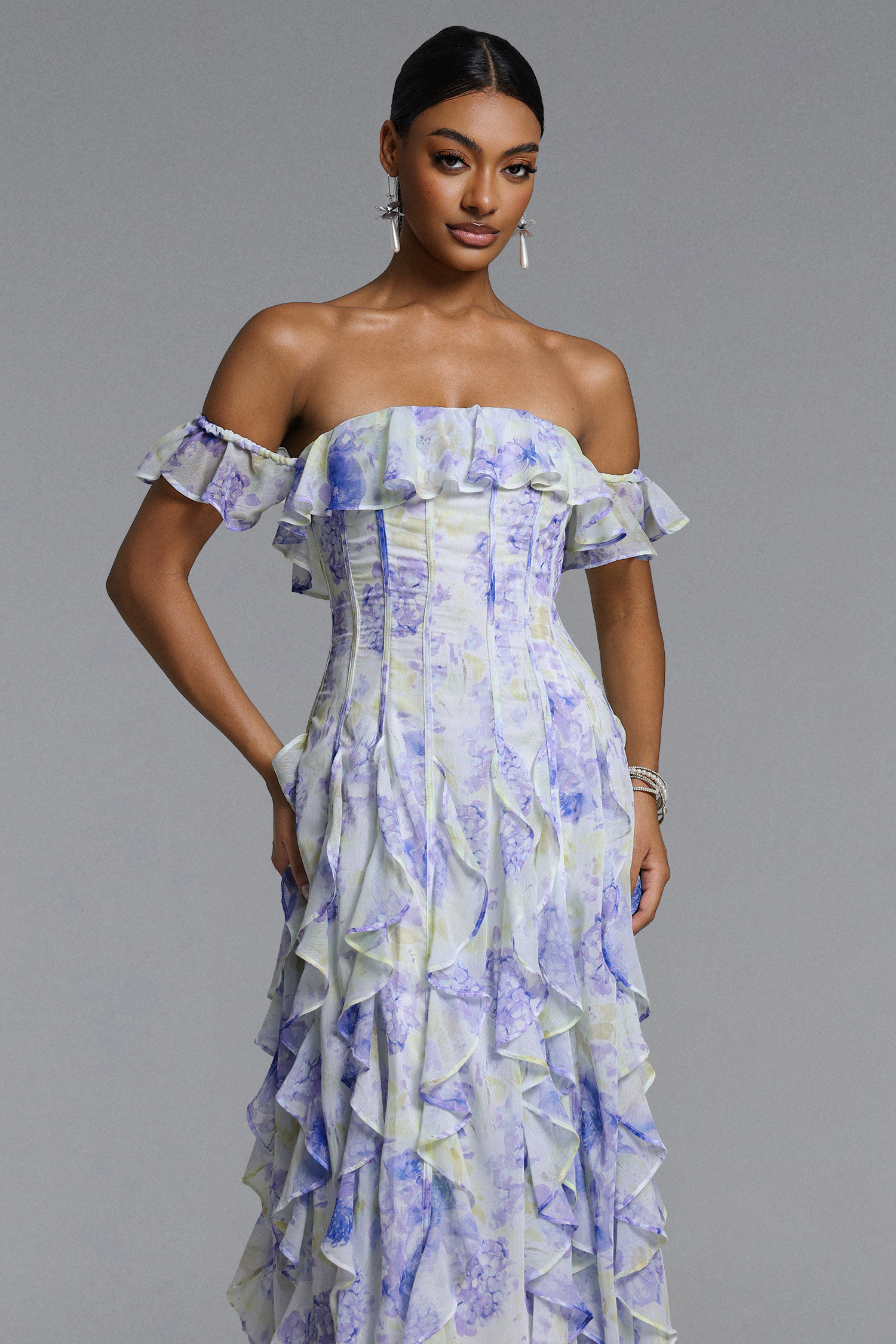 Eurien Elegant Flowy Off Shoulder Ruffle Floral Print Maxi Dress