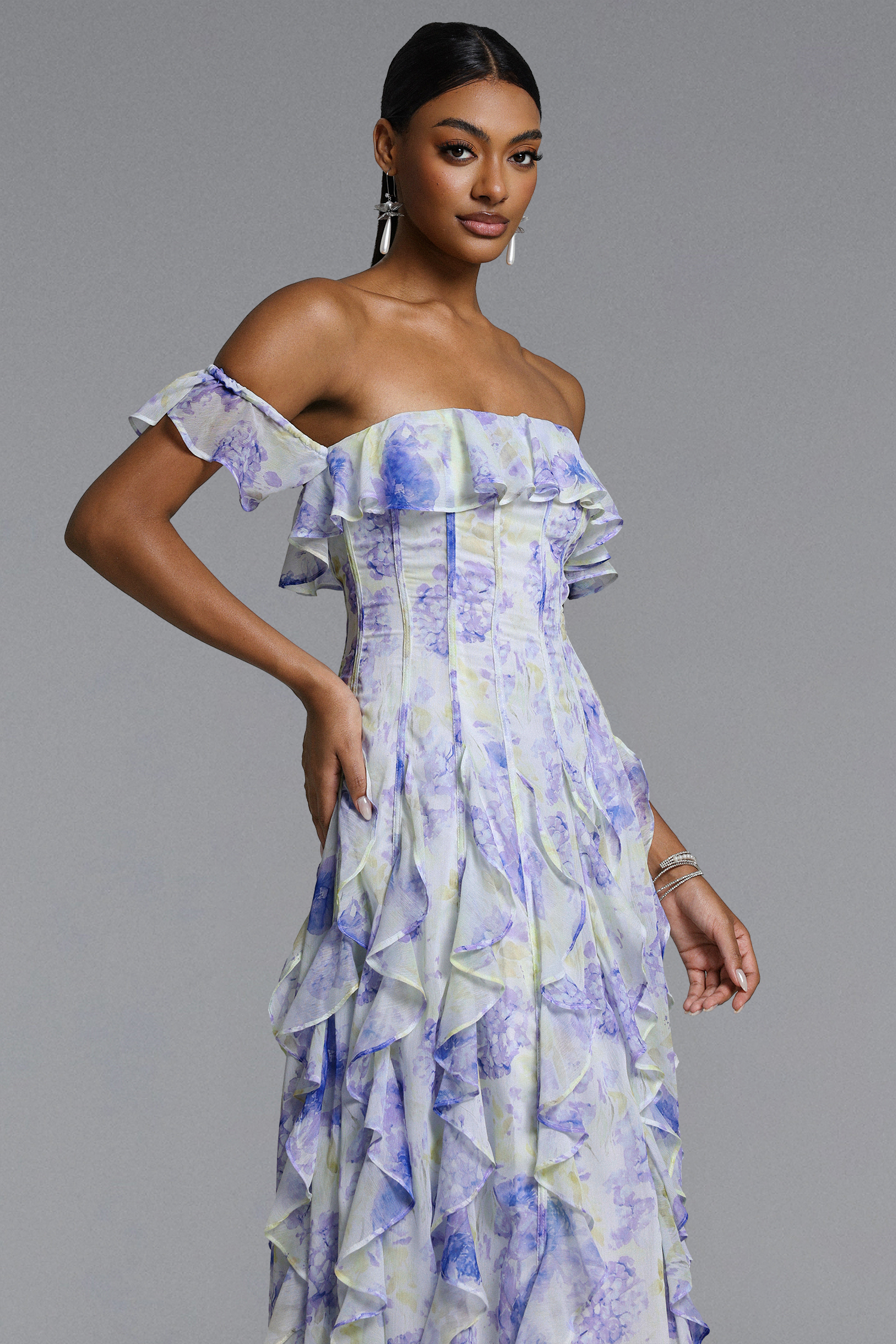 Eurien Elegant Flowy Off Shoulder Ruffle Floral Print Maxi Dress